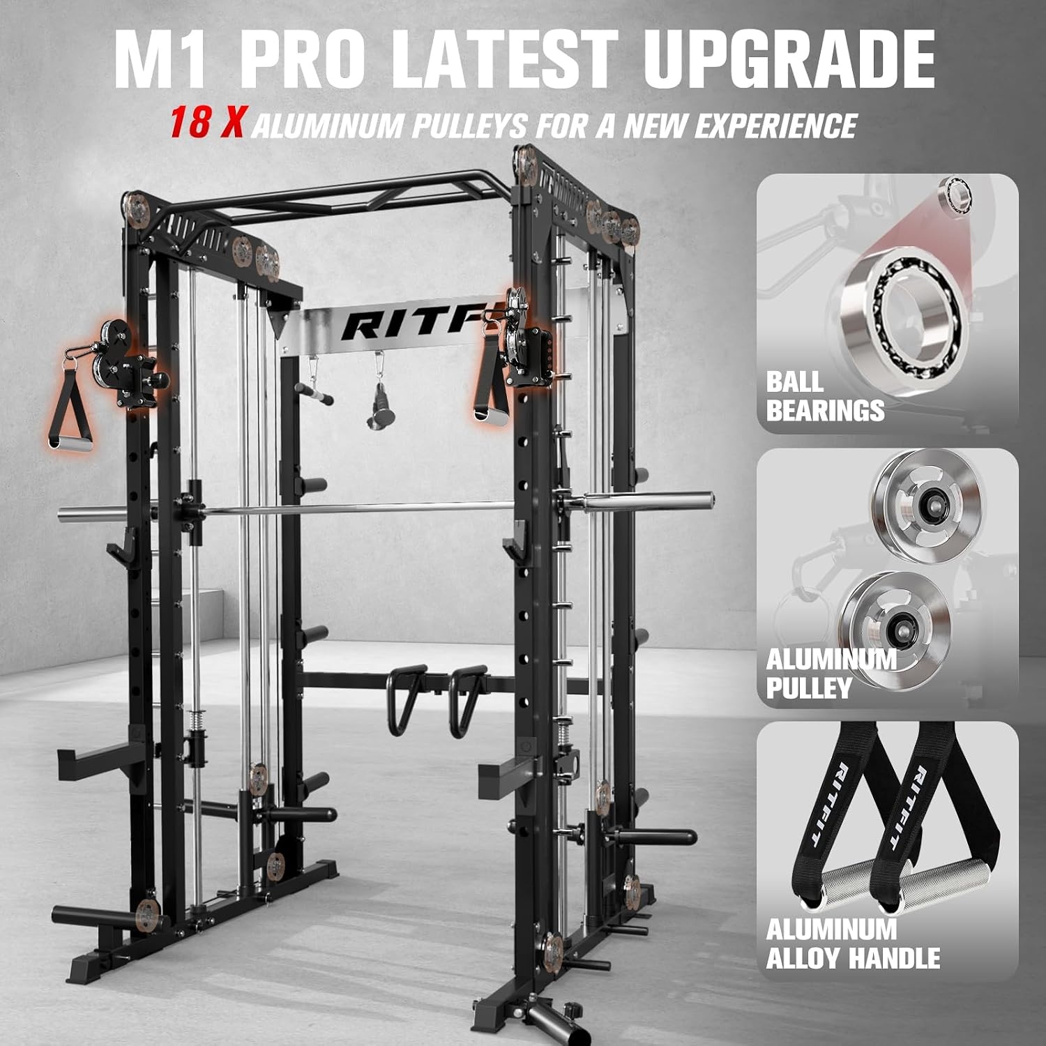 image:imageRitFit M1 Pro Smith Machine with Cable Crossover System MultiFunction Squat Rack Power Cage for Home Gym Power Rack and PackagesBLACK