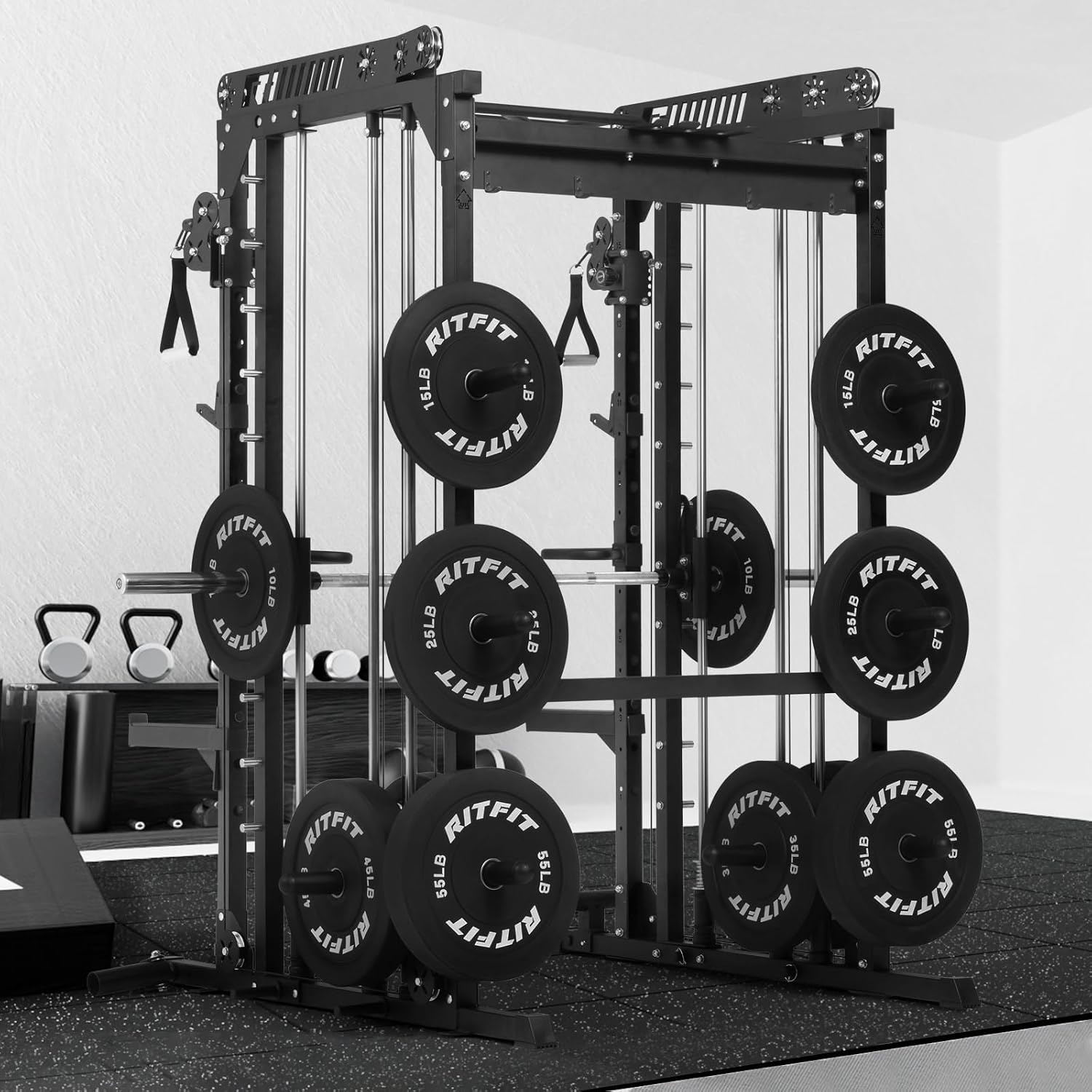image:imageRitFit M1 Pro Smith Machine with Cable Crossover System MultiFunction Squat Rack Power Cage for Home Gym Power Rack and PackagesBLACK