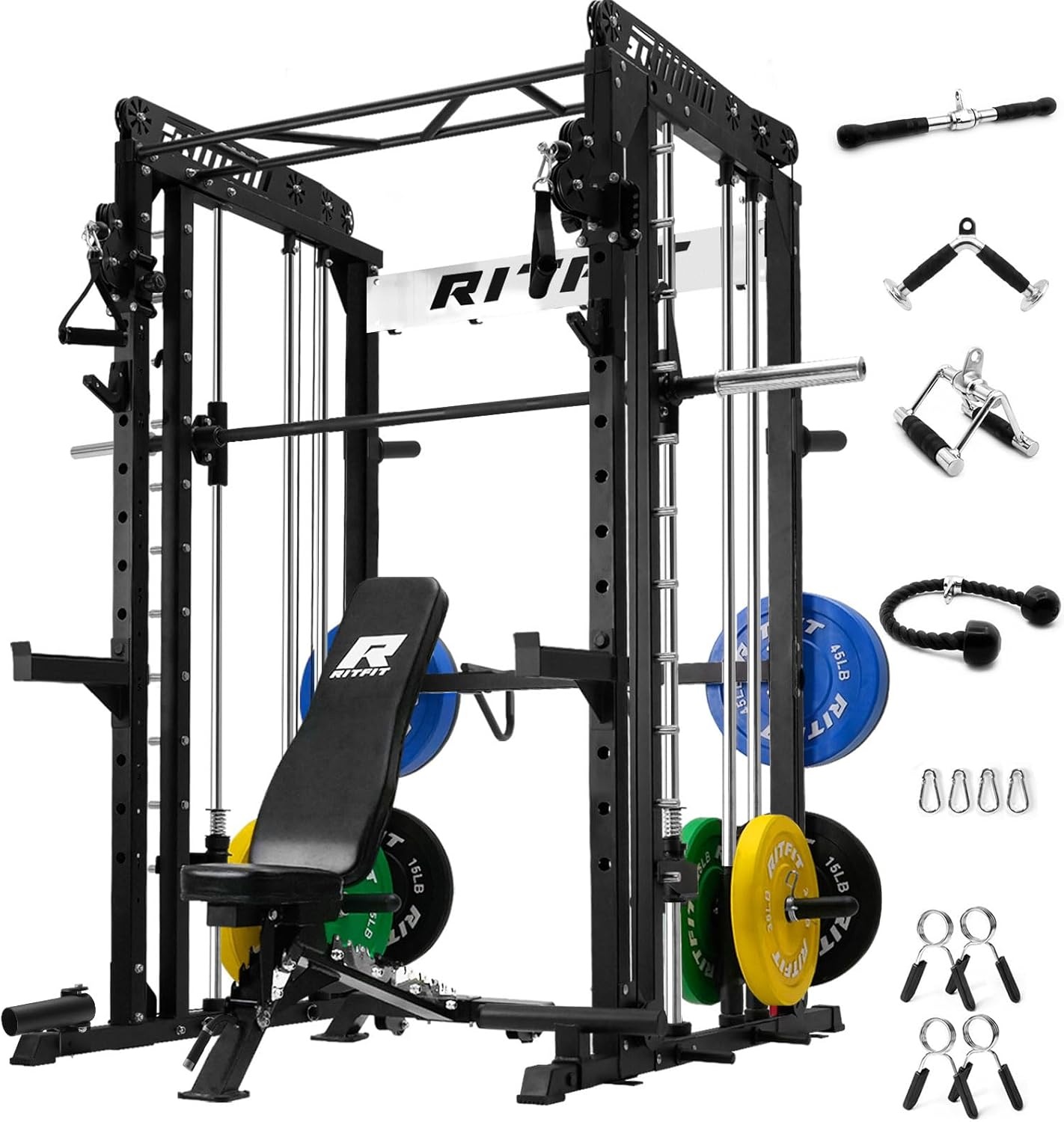 image:imageRitFit M1 Pro Smith Machine with Cable Crossover System MultiFunction Squat Rack Power Cage for Home Gym Power Rack and PackagesBLACK