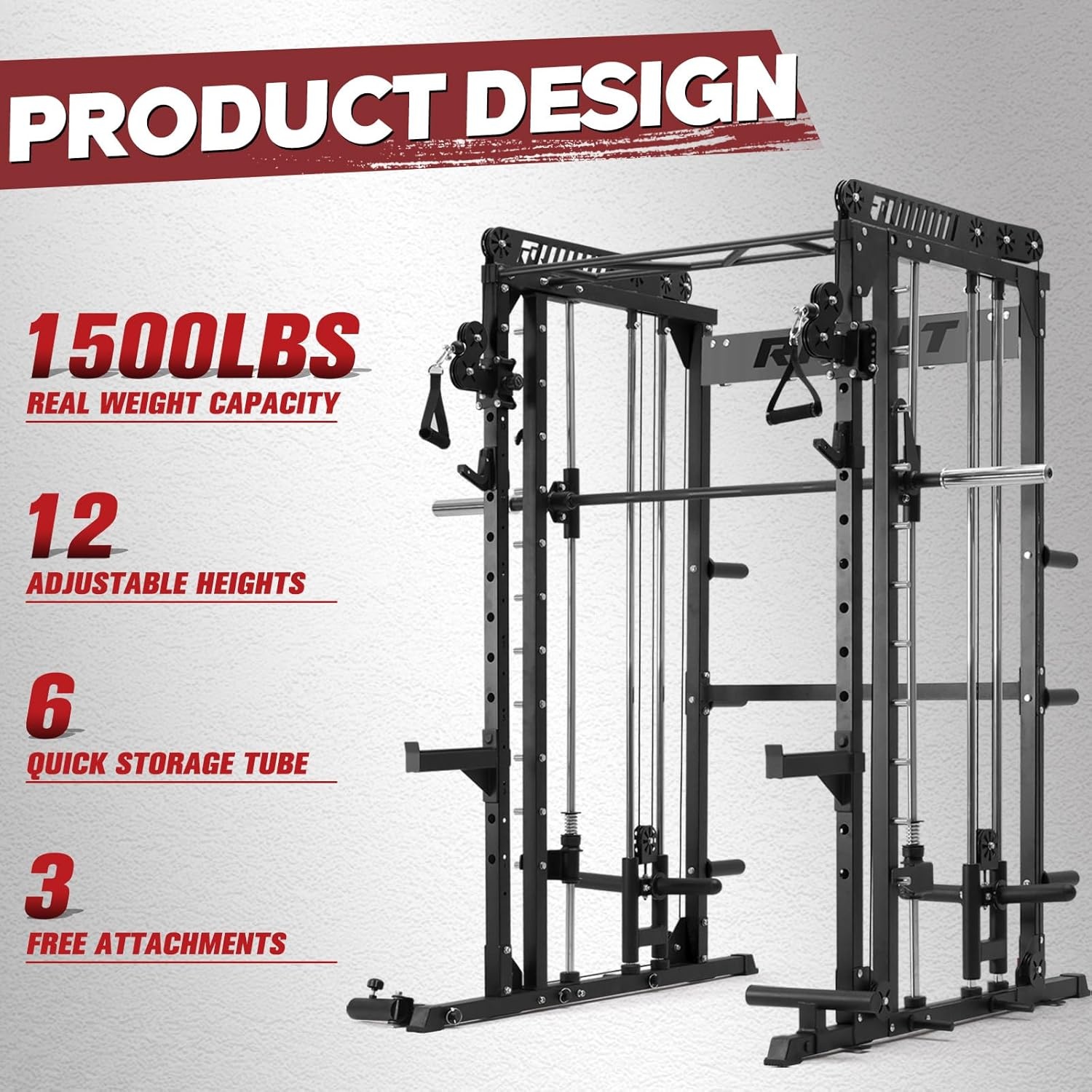image:imageRitFit M1 Pro Smith Machine with Cable Crossover System MultiFunction Squat Rack Power Cage for Home Gym Power Rack and PackagesBLACK
