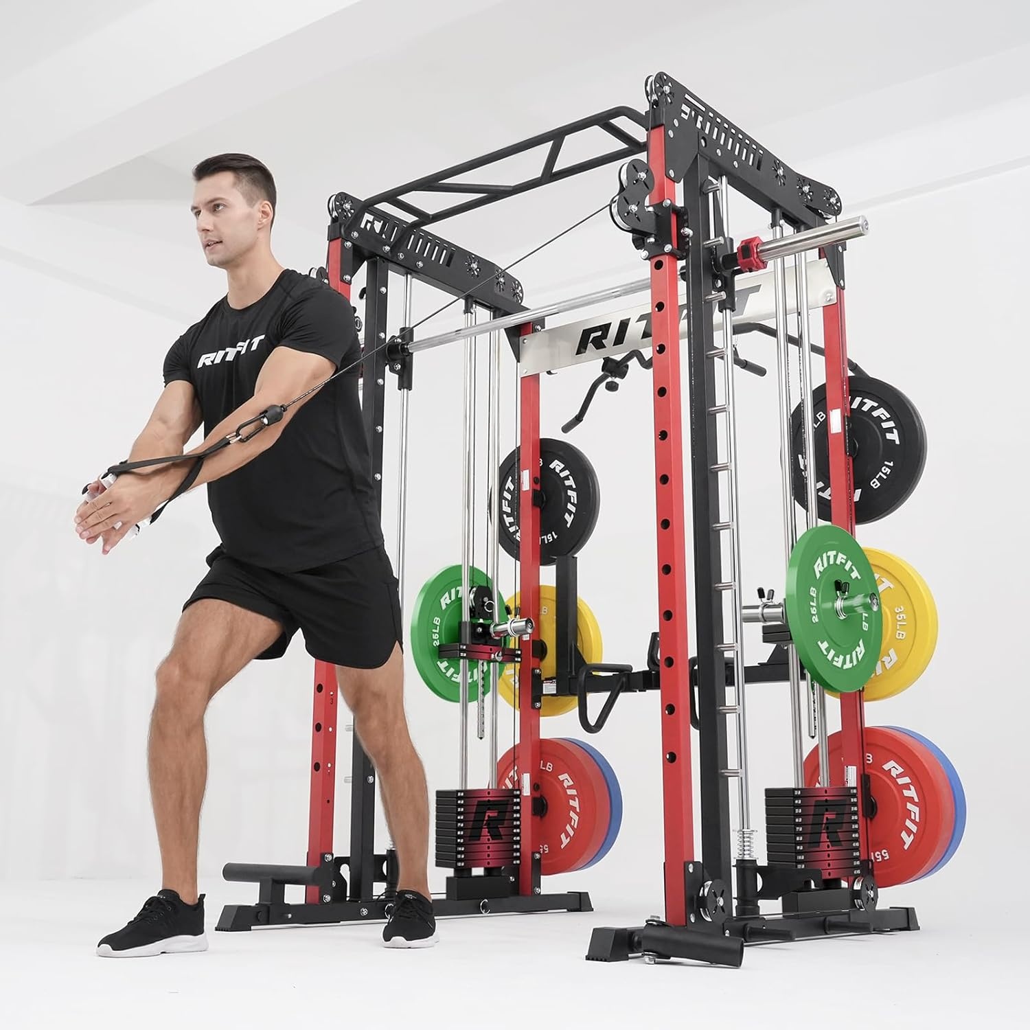 image:imageRitFit M1 Pro Smith Machine with Cable Crossover System MultiFunction Squat Rack Power Cage for Home Gym Power Rack and PackagesBLACK