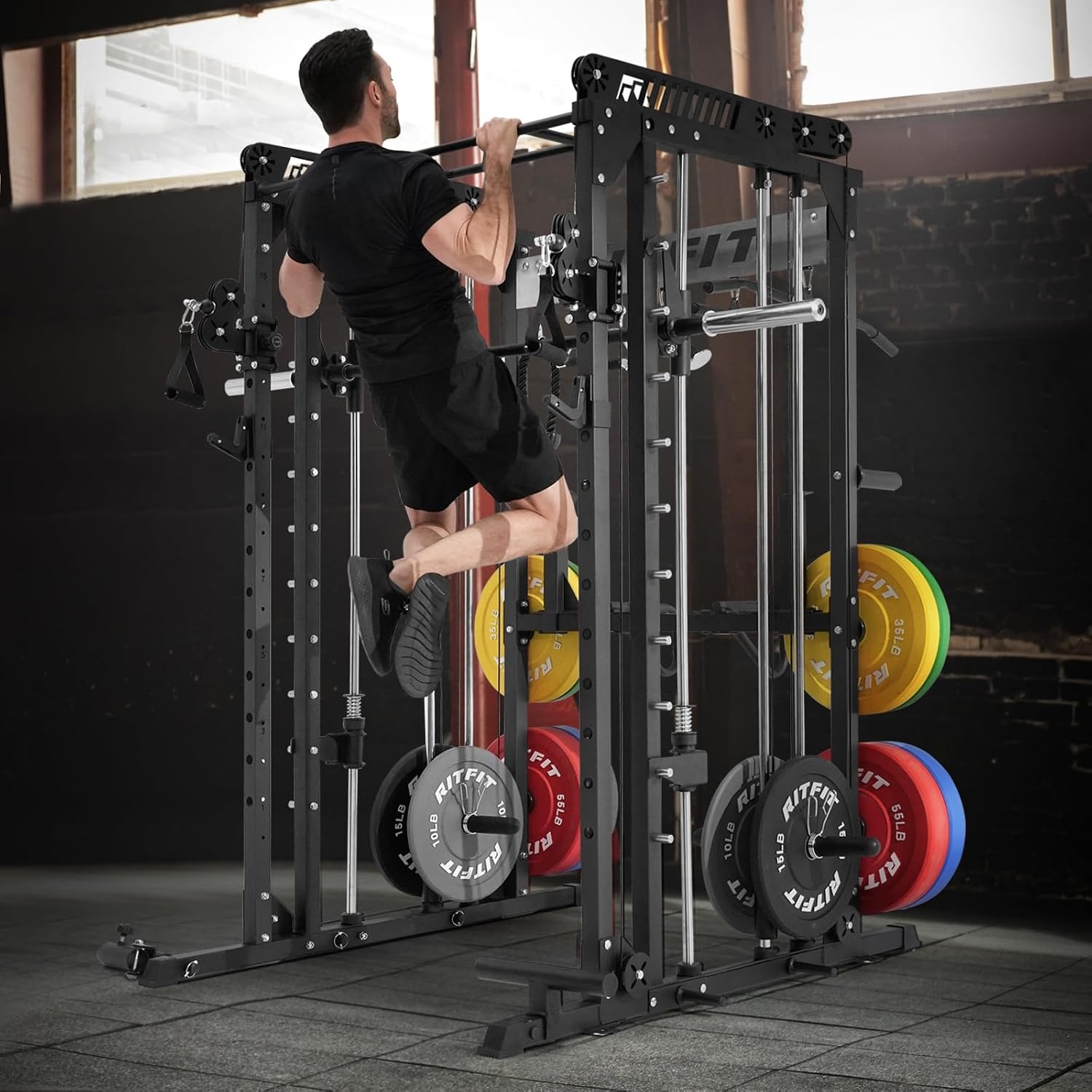 image:imageRitFit M1 Pro Smith Machine with Cable Crossover System MultiFunction Squat Rack Power Cage for Home Gym Power Rack and PackagesBLACK