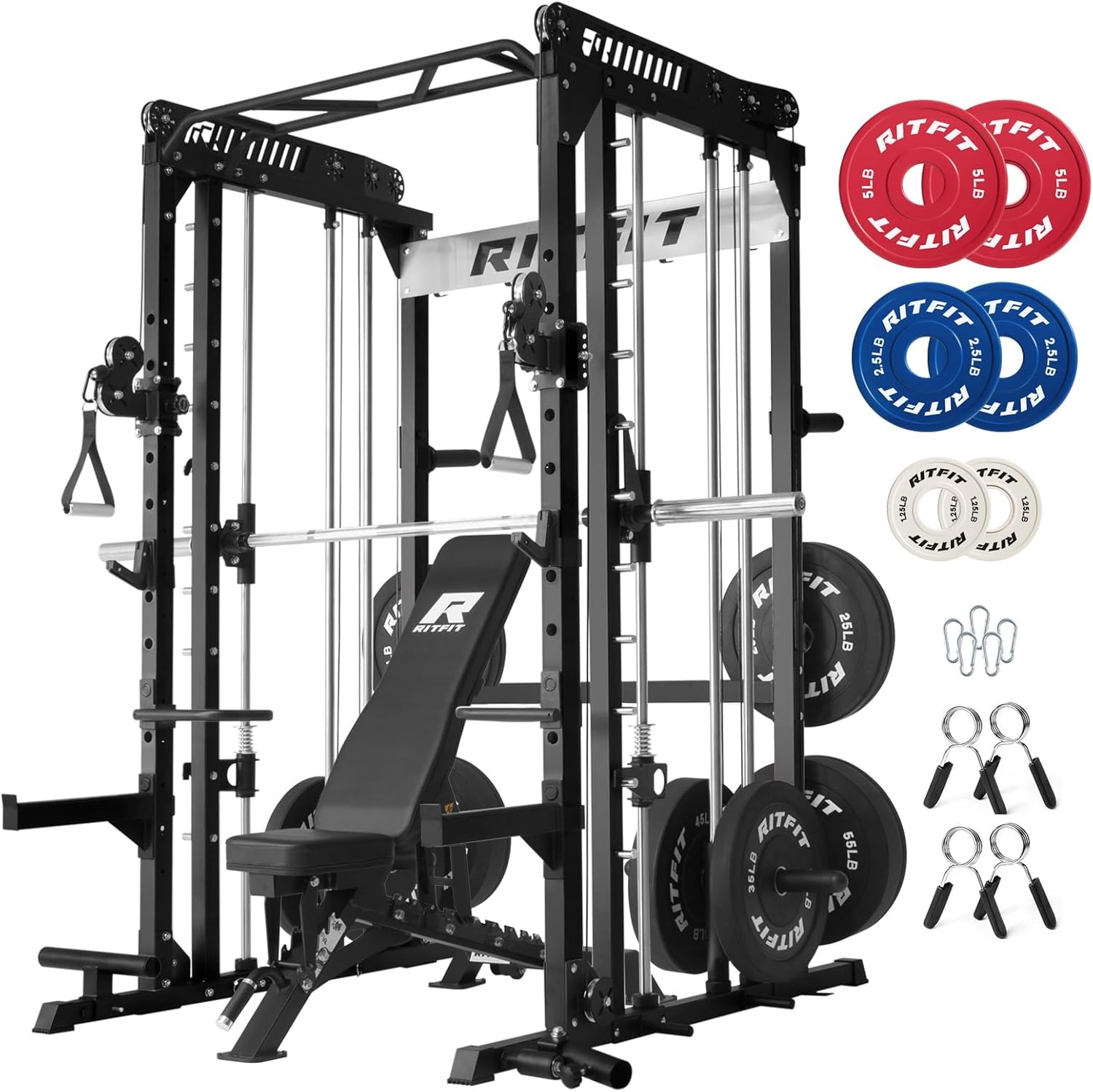 image:imageRitFit M1 Pro Smith Machine with Cable Crossover System MultiFunction Squat Rack Power Cage for Home Gym Power Rack and PackagesBLACK