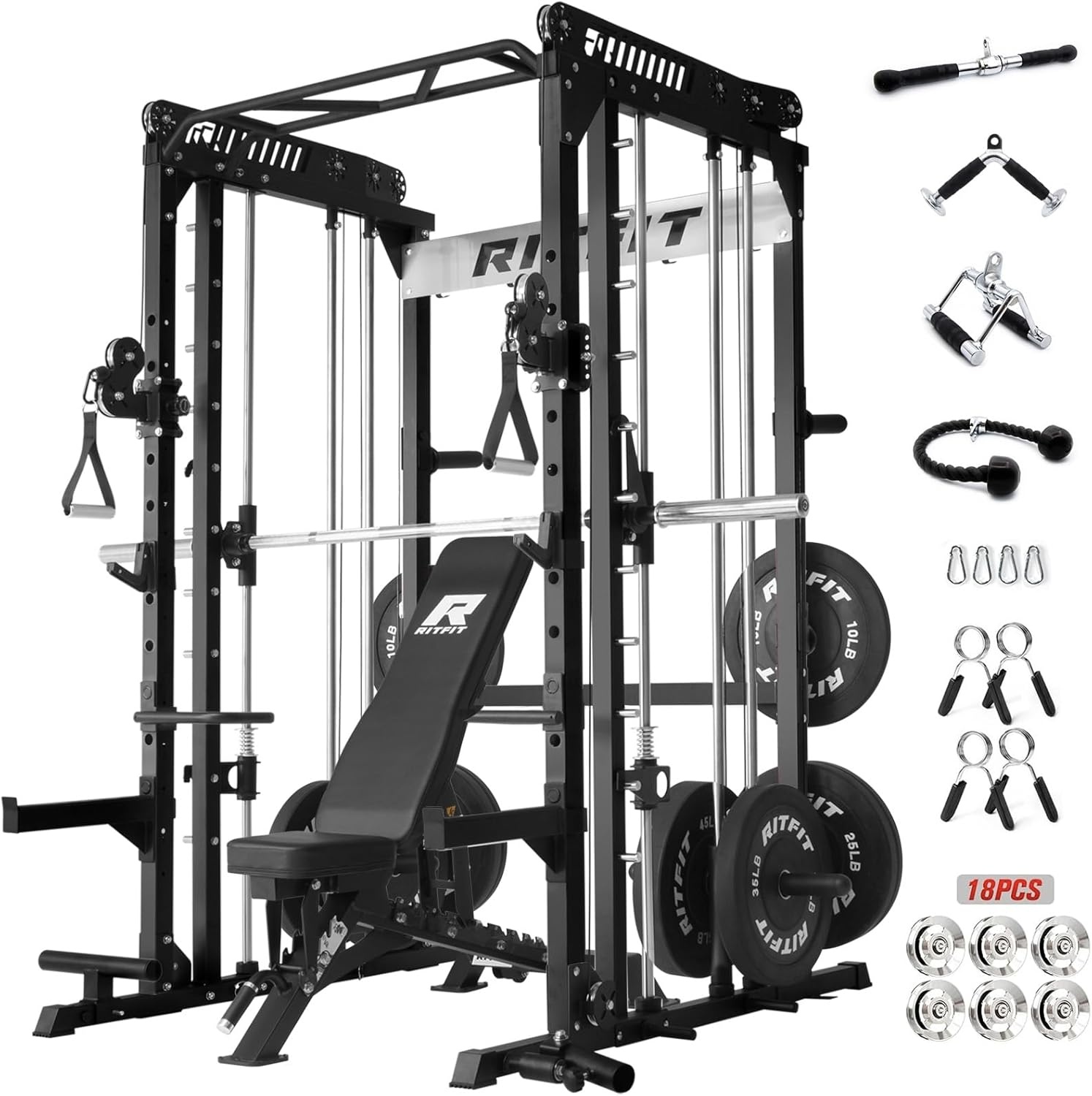 image:imageRitFit M1 Pro Smith Machine with Cable Crossover System MultiFunction Squat Rack Power Cage for Home Gym Power Rack and PackagesBLACK