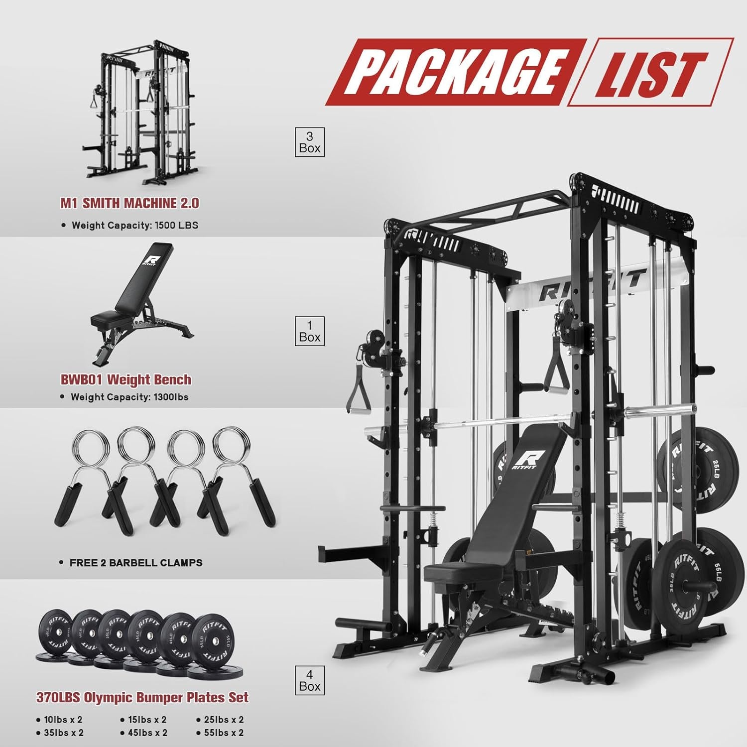 image:imageRitFit M1 Pro Smith Machine with Cable Crossover System MultiFunction Squat Rack Power Cage for Home Gym Power Rack and PackagesBLACK