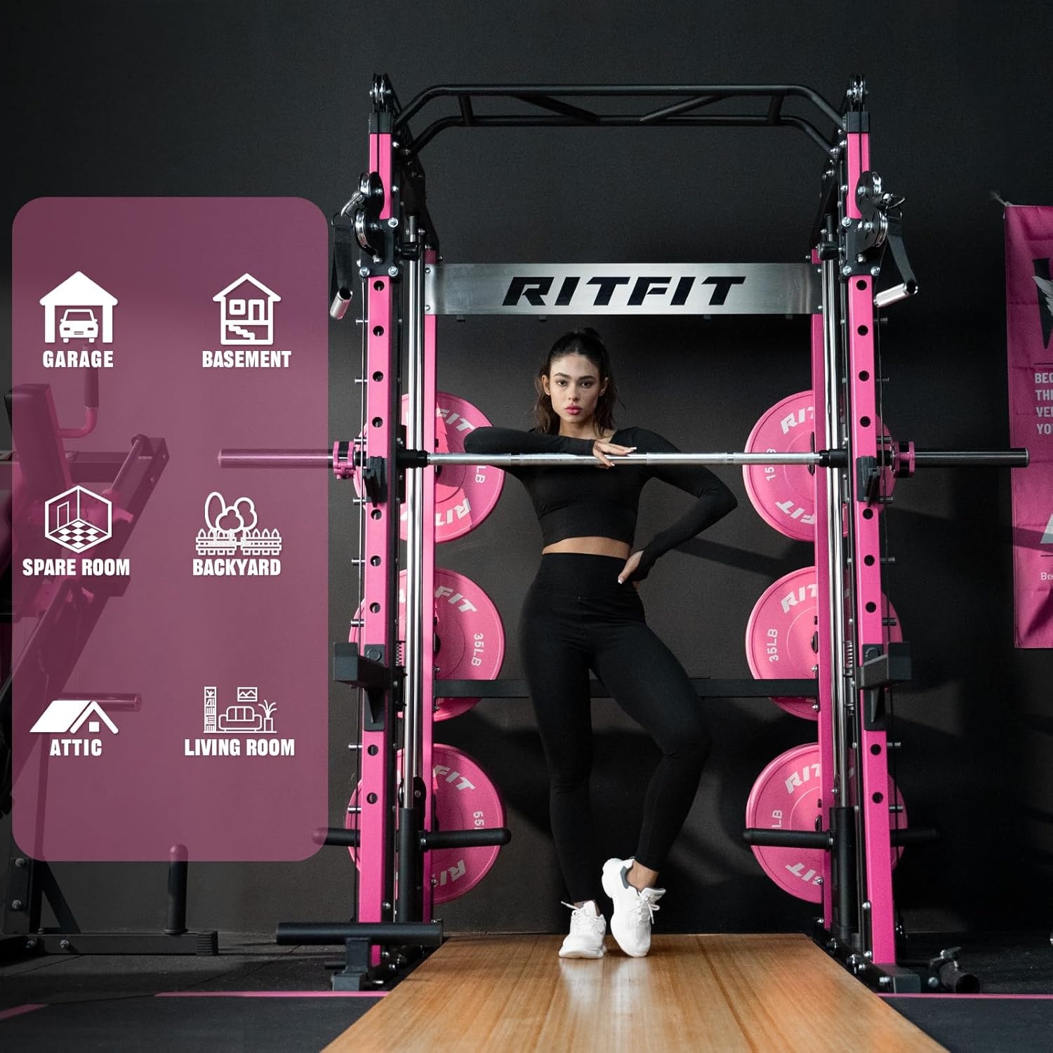 image:imageRitFit M1 Pro Smith Machine with Cable Crossover System MultiFunction Squat Rack Power Cage for Home Gym Power Rack and PackagesPINK