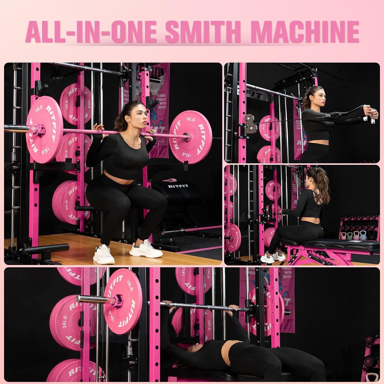 image:imageRitFit M1 Pro Smith Machine with Cable Crossover System MultiFunction Squat Rack Power Cage for Home Gym Power Rack and PackagesPINK