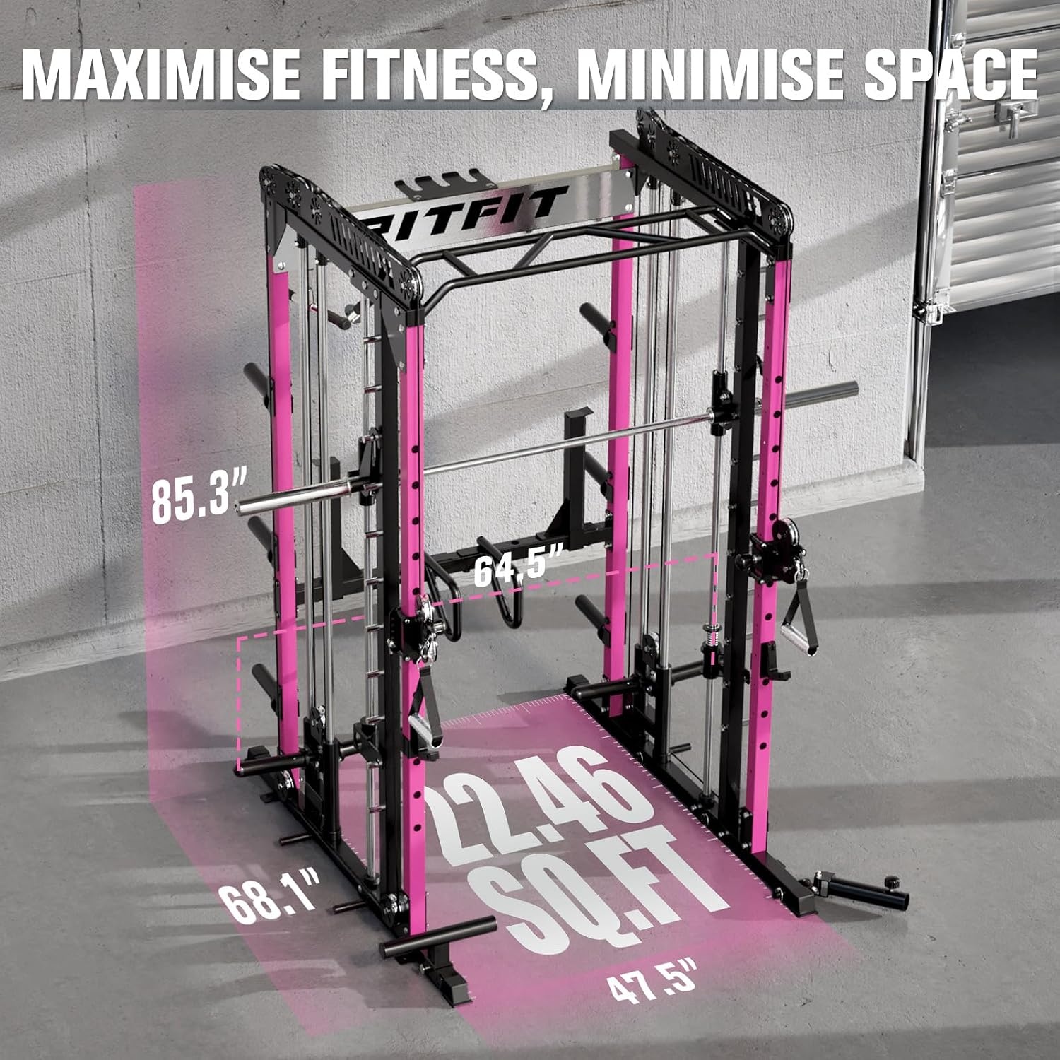 image:imageRitFit M1 Pro Smith Machine with Cable Crossover System MultiFunction Squat Rack Power Cage for Home Gym Power Rack and PackagesPINK