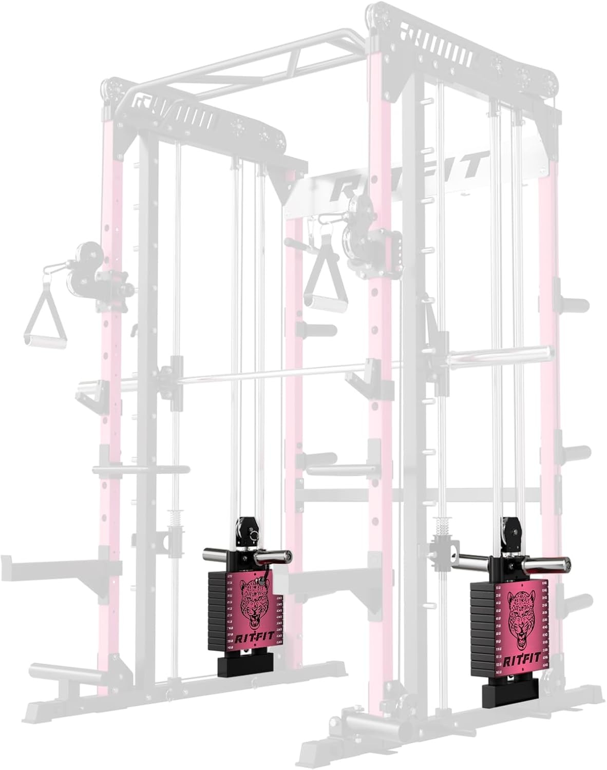 image:imageRitFit M1 Pro Smith Machine with Cable Crossover System MultiFunction Squat Rack Power Cage for Home Gym Power Rack and PackagesPINK