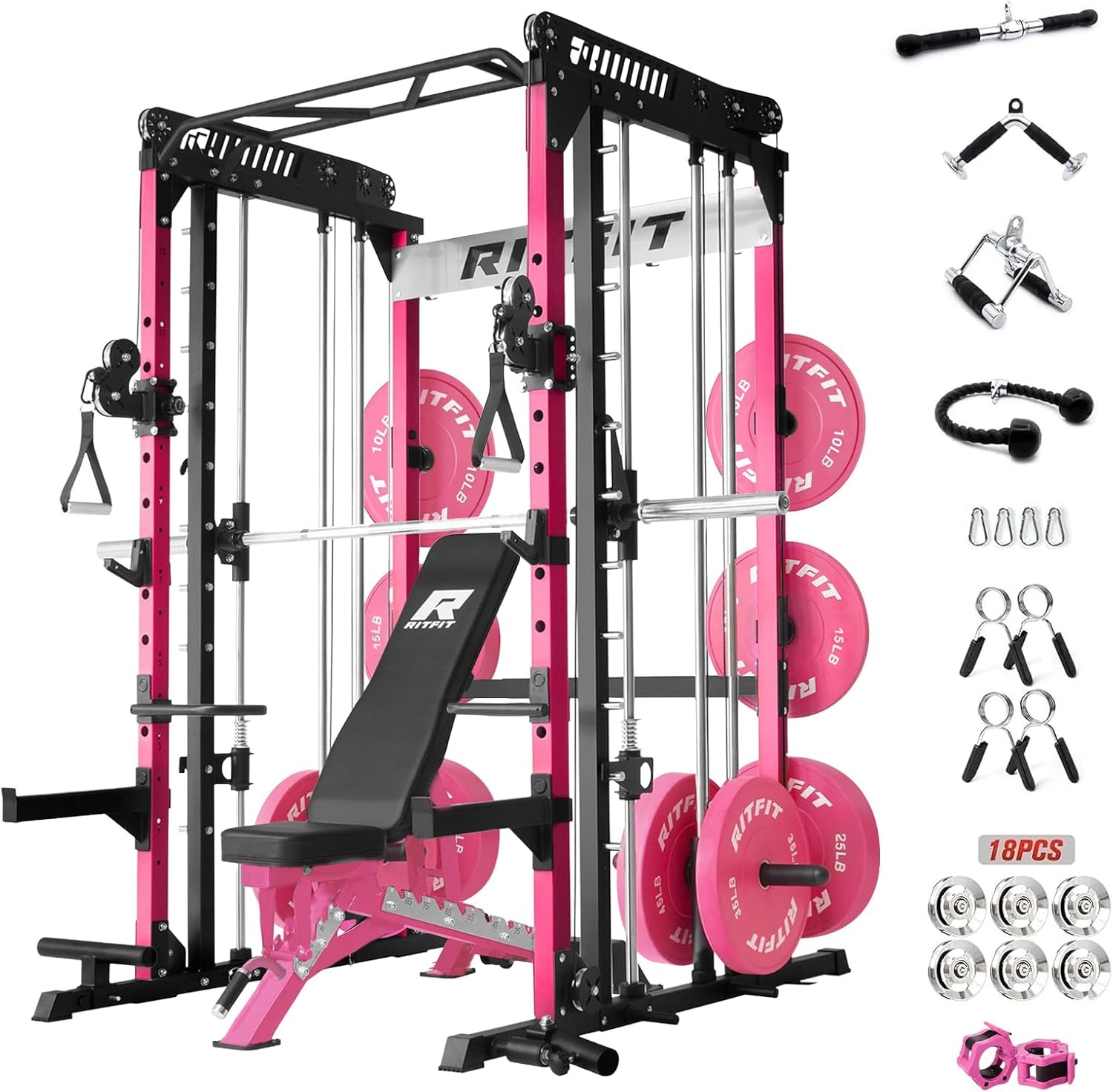 image:imageRitFit M1 Pro Smith Machine with Cable Crossover System MultiFunction Squat Rack Power Cage for Home Gym Power Rack and PackagesPINK