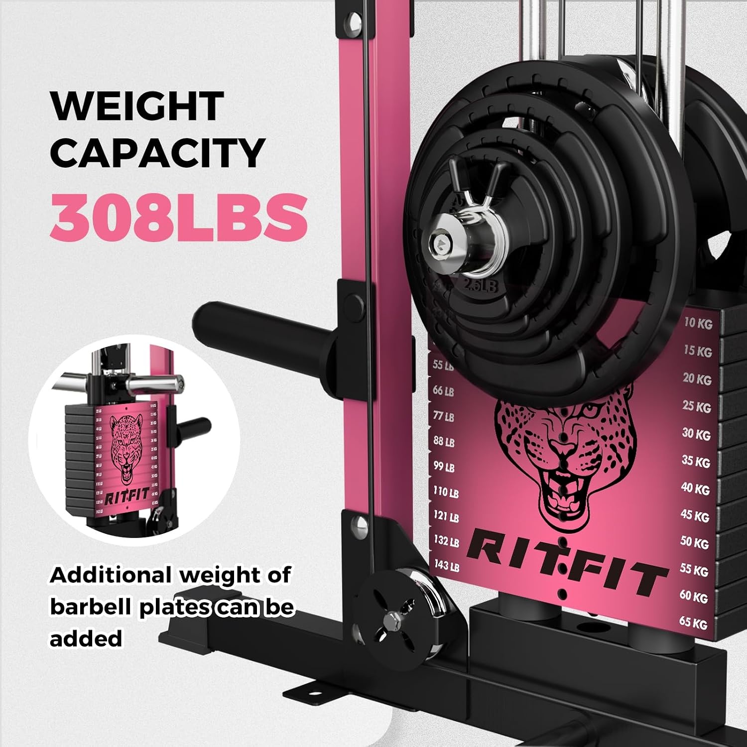 image:imageRitFit M1 Pro Smith Machine with Cable Crossover System MultiFunction Squat Rack Power Cage for Home Gym Power Rack and PackagesPINK