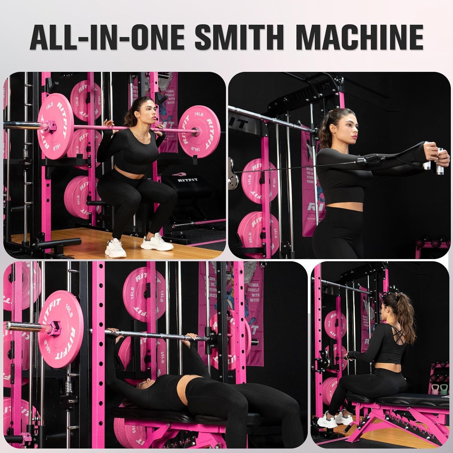 image:imageRitFit M1 Pro Smith Machine with Cable Crossover System MultiFunction Squat Rack Power Cage for Home Gym Power Rack and PackagesPINK