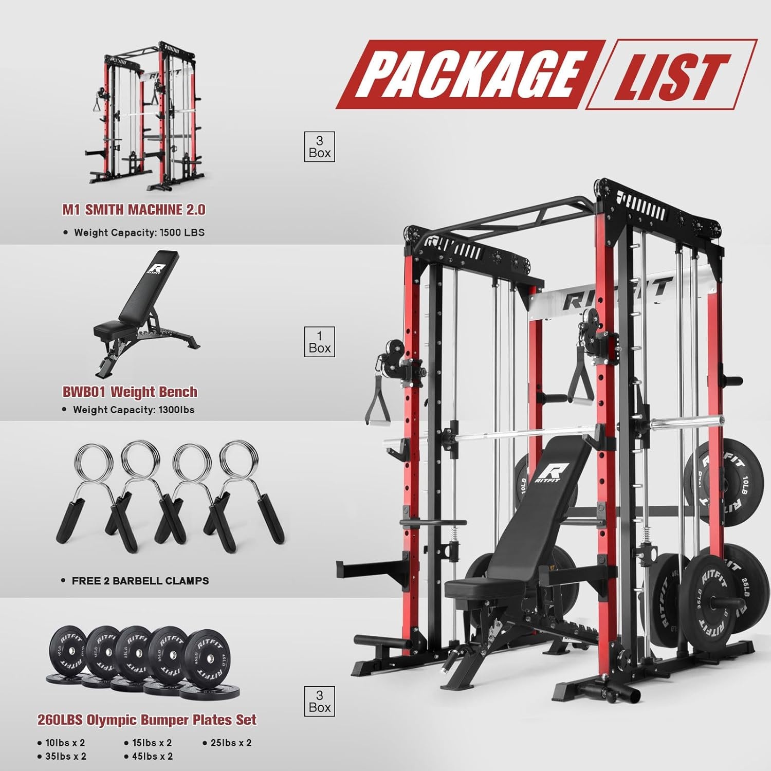 image:imageRitFit M1 Pro Smith Machine with Cable Crossover System MultiFunction Squat Rack Power Cage for Home Gym Power Rack and PackagesRED