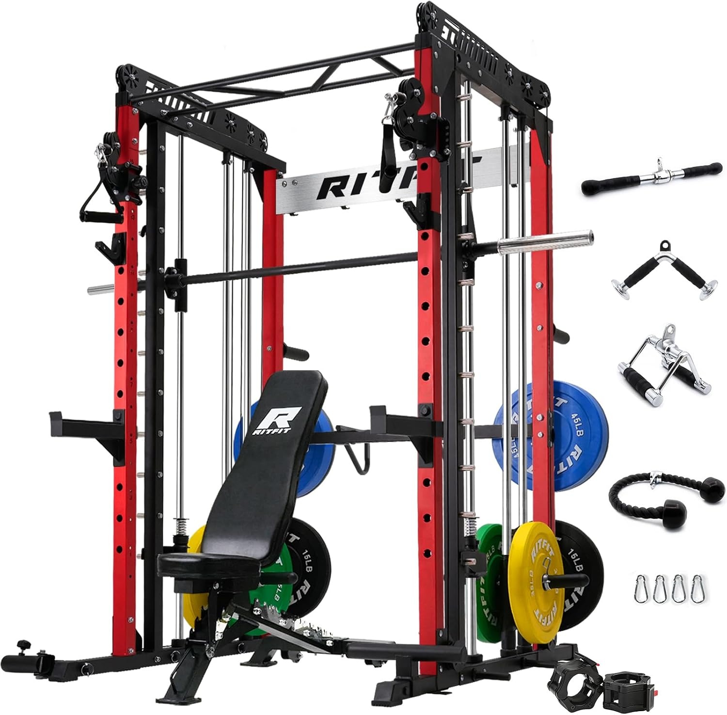 image:imageRitFit M1 Pro Smith Machine with Cable Crossover System MultiFunction Squat Rack Power Cage for Home Gym Power Rack and PackagesRED
