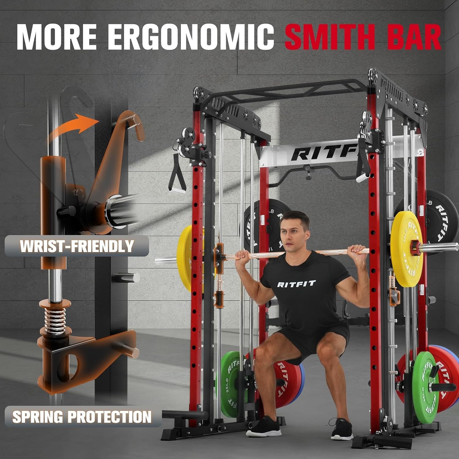 image:imageRitFit M1 Pro Smith Machine with Cable Crossover System MultiFunction Squat Rack Power Cage for Home Gym Power Rack and PackagesRED