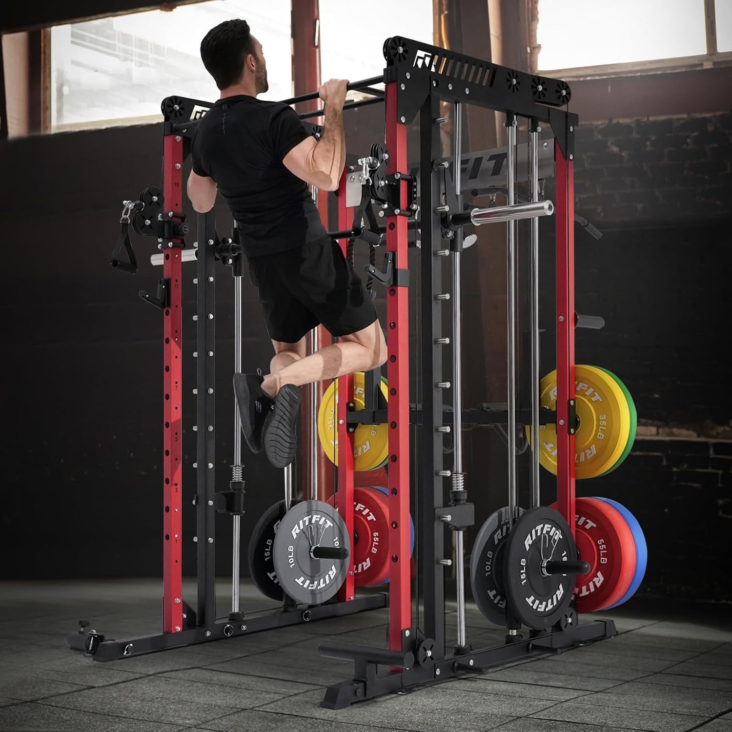 image:imageRitFit M1 Pro Smith Machine with Cable Crossover System MultiFunction Squat Rack Power Cage for Home Gym Power Rack and PackagesRED