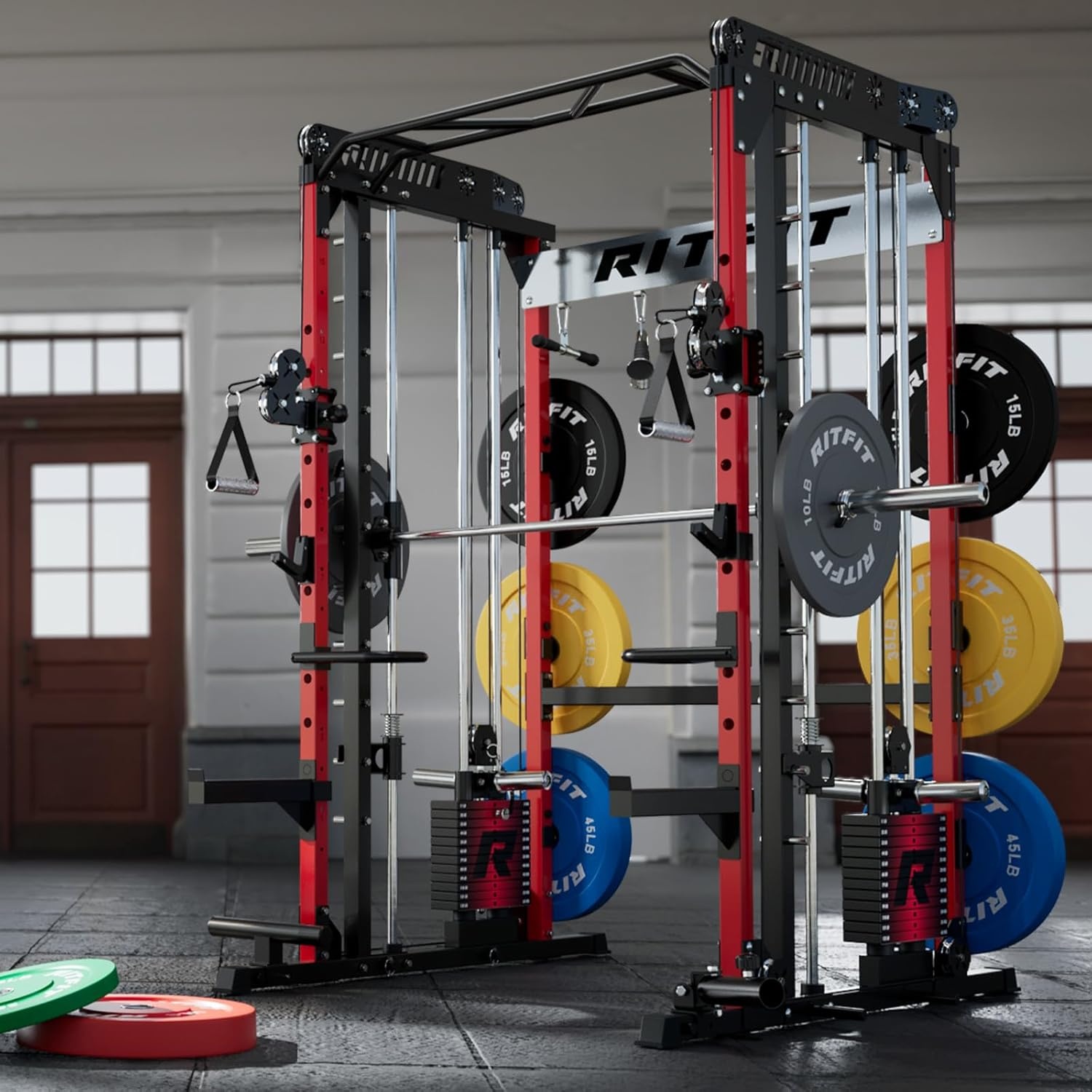 image:imageRitFit M1 Pro Smith Machine with Cable Crossover System MultiFunction Squat Rack Power Cage for Home Gym Power Rack and PackagesRED