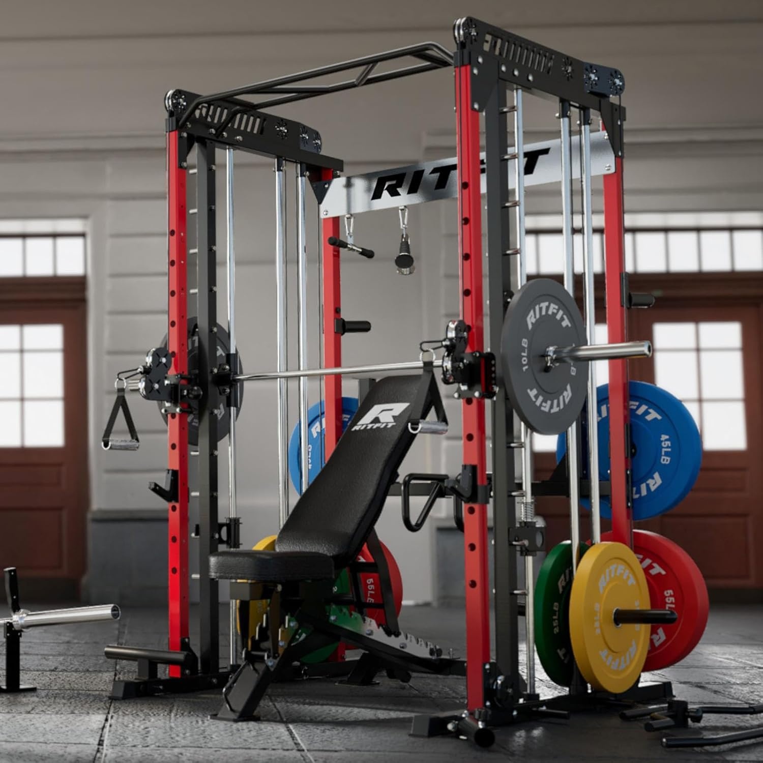 image:imageRitFit M1 Pro Smith Machine with Cable Crossover System MultiFunction Squat Rack Power Cage for Home Gym Power Rack and PackagesRED