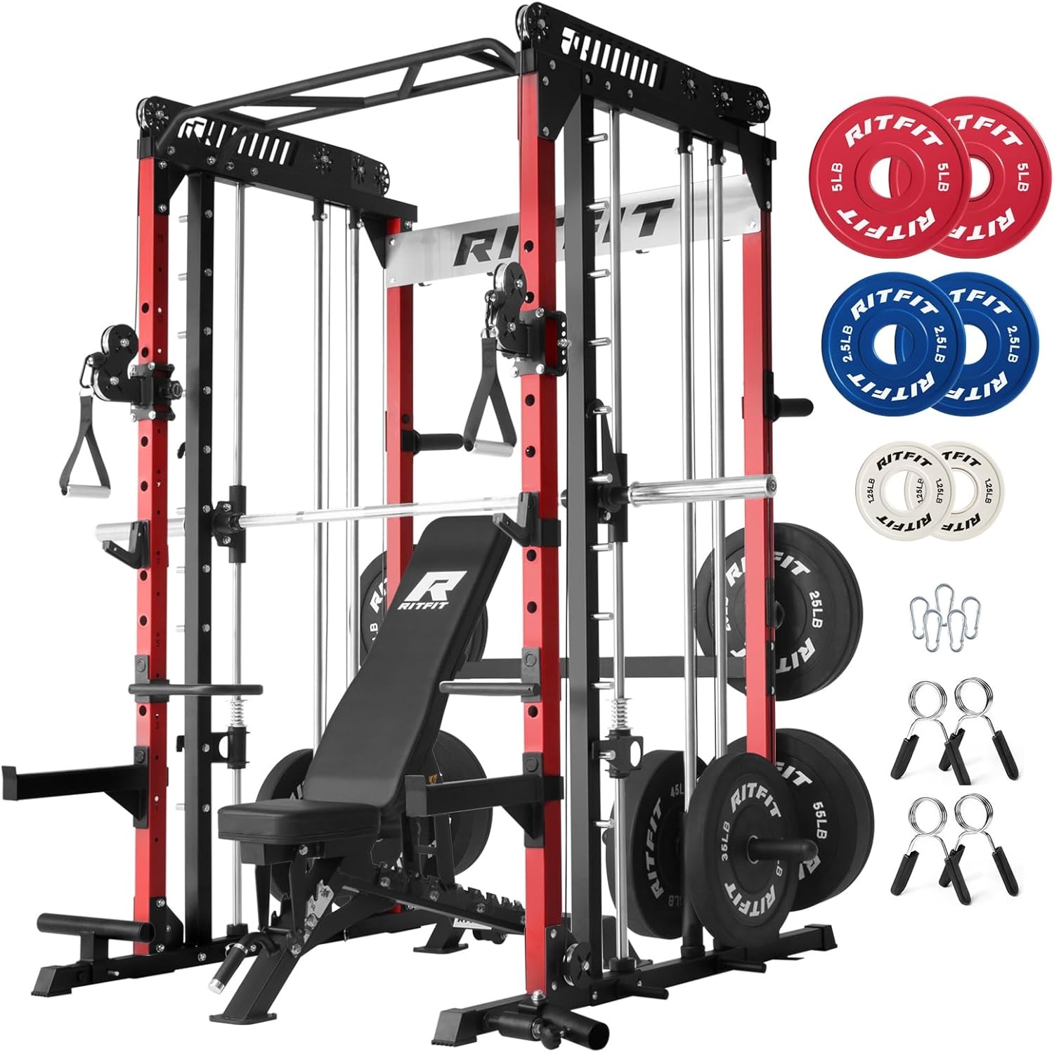 image:imageRitFit M1 Pro Smith Machine with Cable Crossover System MultiFunction Squat Rack Power Cage for Home Gym Power Rack and PackagesRED
