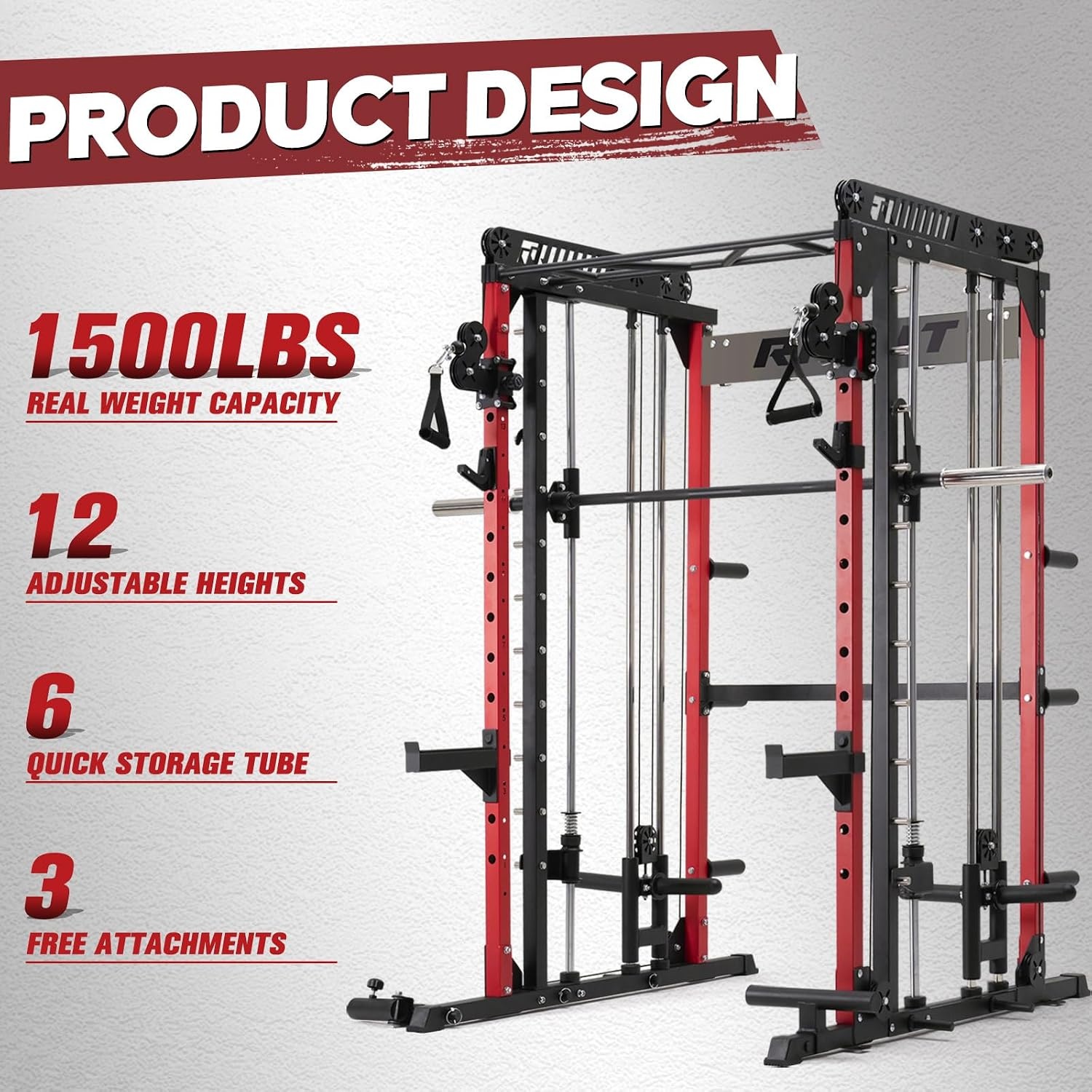 image:imageRitFit M1 Pro Smith Machine with Cable Crossover System MultiFunction Squat Rack Power Cage for Home Gym Power Rack and PackagesRED