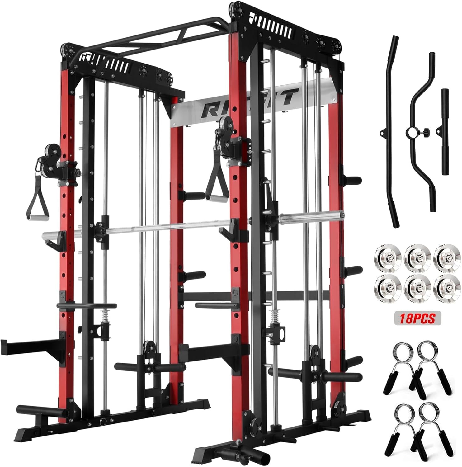 image:imageRitFit M1 Pro Smith Machine with Cable Crossover System MultiFunction Squat Rack Power Cage for Home Gym Power Rack and PackagesRED