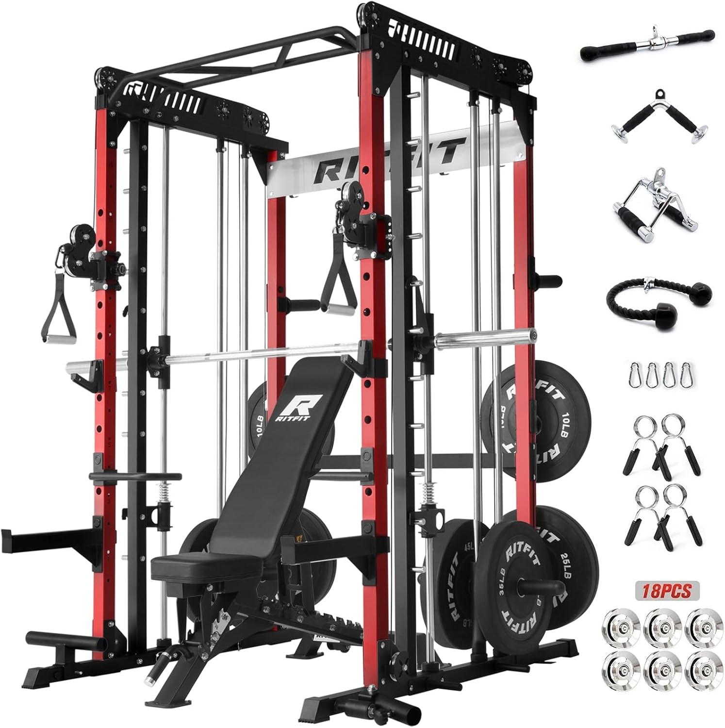 image:imageRitFit M1 Pro Smith Machine with Cable Crossover System MultiFunction Squat Rack Power Cage for Home Gym Power Rack and PackagesRED