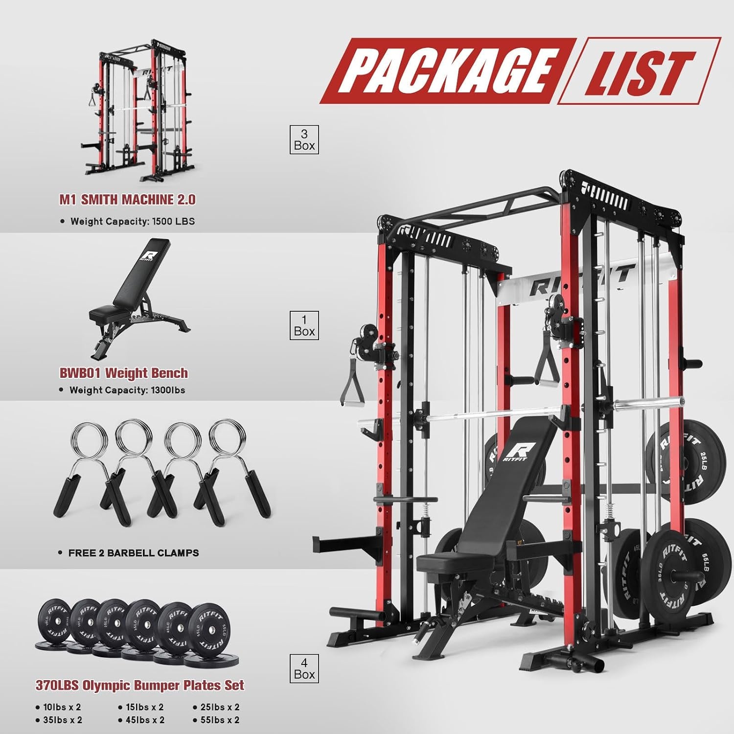 image:imageRitFit M1 Pro Smith Machine with Cable Crossover System MultiFunction Squat Rack Power Cage for Home Gym Power Rack and PackagesRED