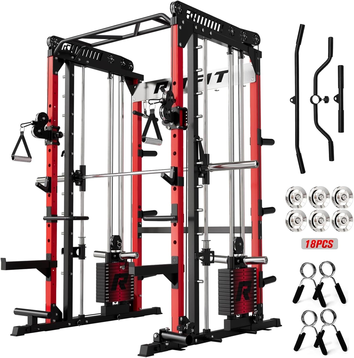 image:imageRitFit M1 Pro Smith Machine with Cable Crossover System MultiFunction Squat Rack Power Cage for Home Gym Power Rack and PackagesRED