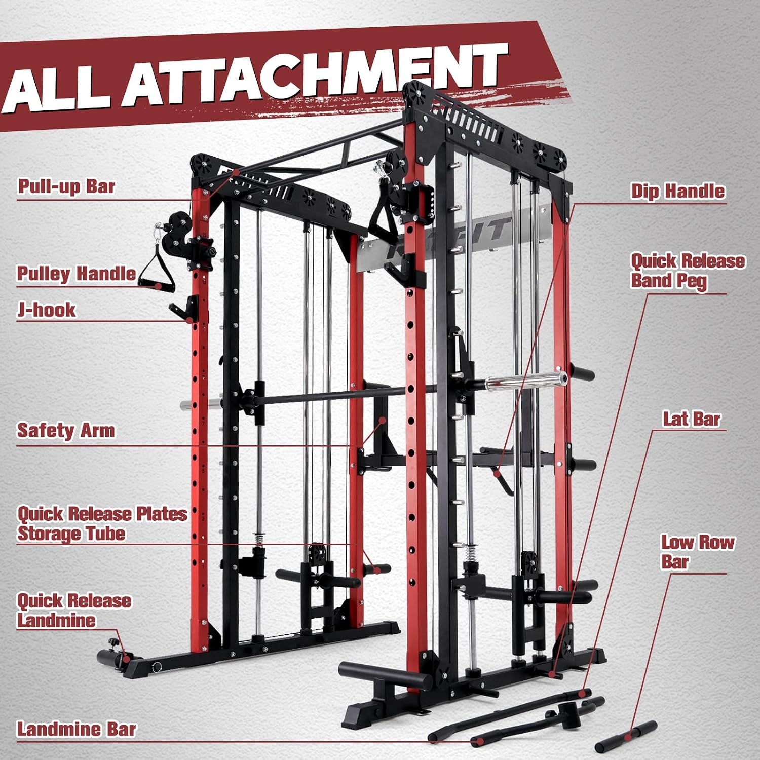 image:imageRitFit M1 Pro Smith Machine with Cable Crossover System MultiFunction Squat Rack Power Cage for Home Gym Power Rack and PackagesRED