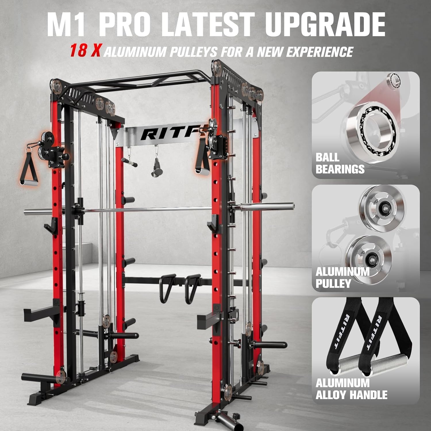 image:imageRitFit M1 Pro Smith Machine with Cable Crossover System MultiFunction Squat Rack Power Cage for Home Gym Power Rack and PackagesRED