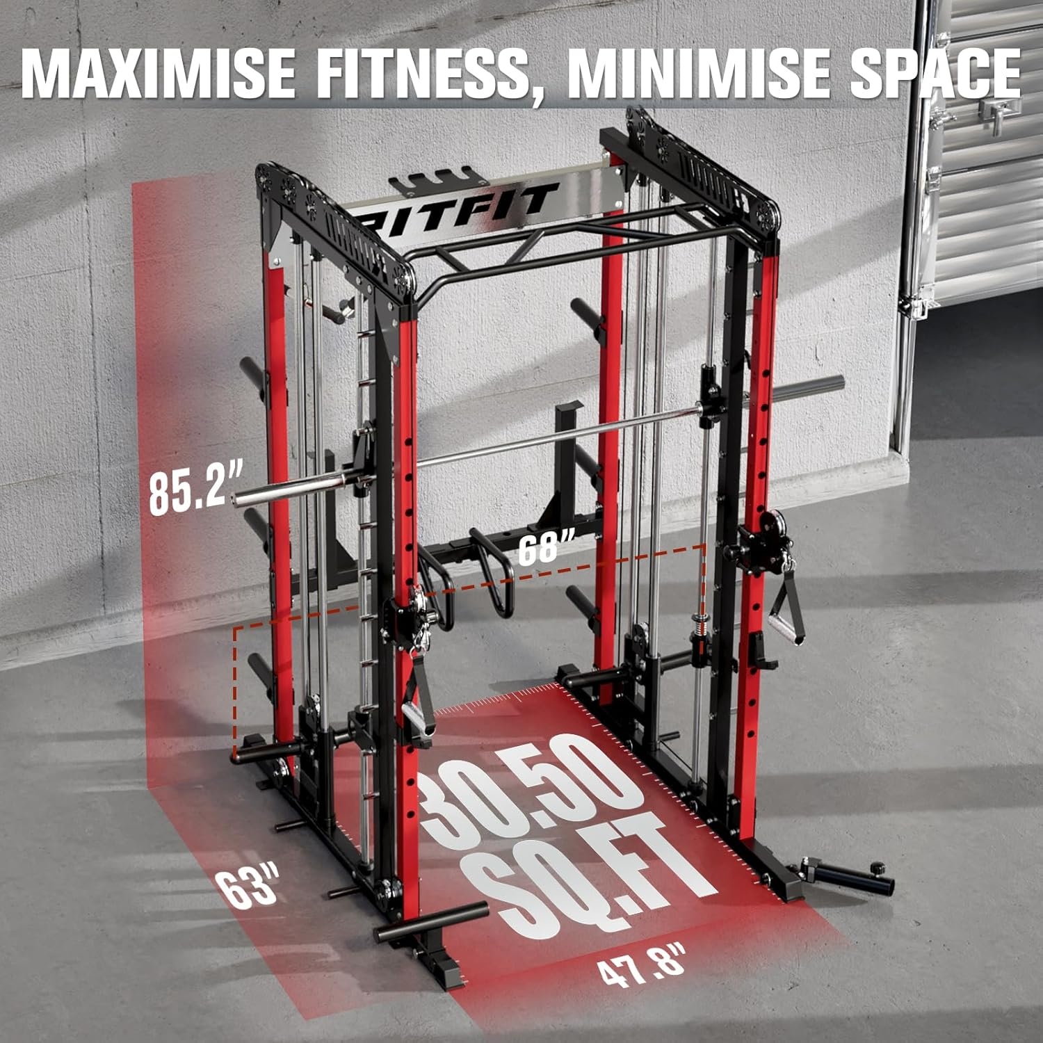 image:imageRitFit M1 Pro Smith Machine with Cable Crossover System MultiFunction Squat Rack Power Cage for Home Gym Power Rack and PackagesRED