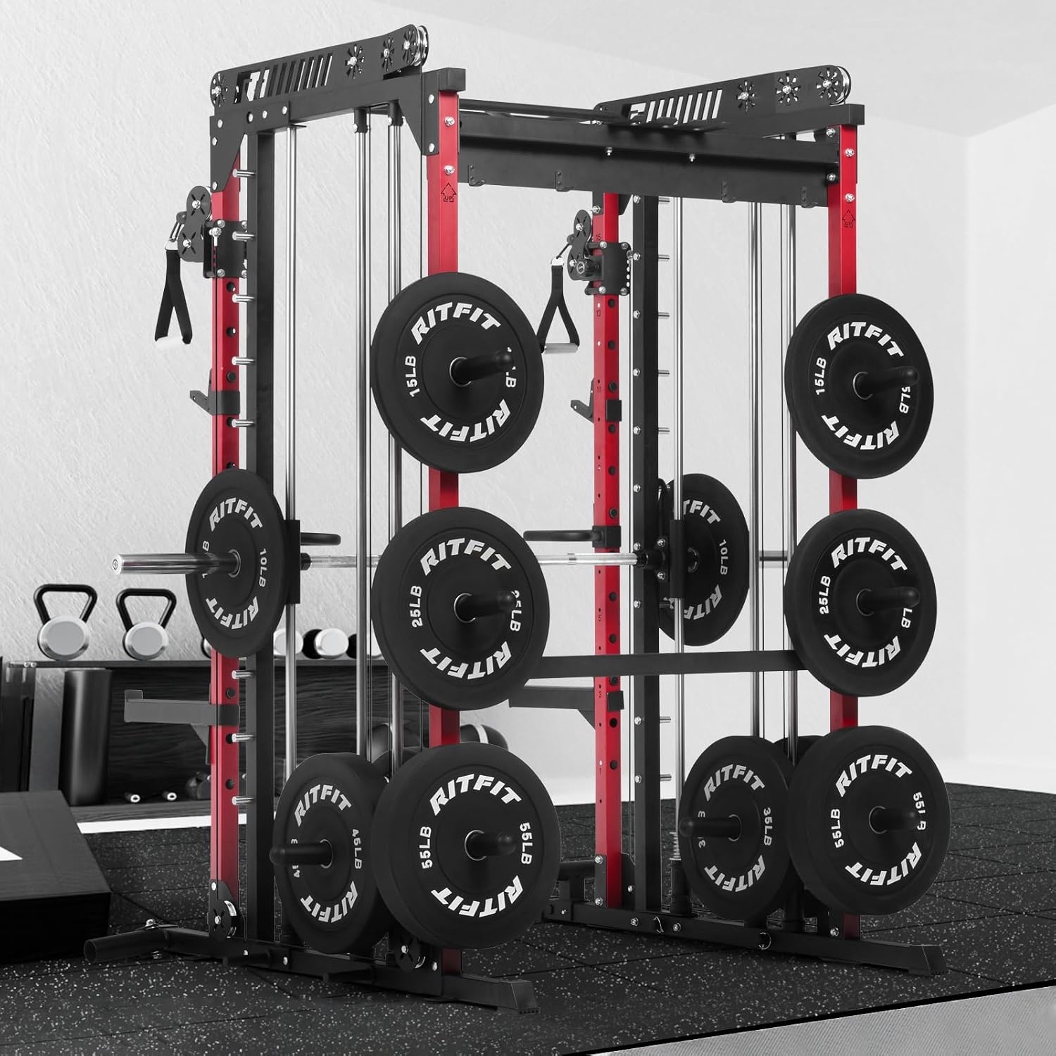image:imageRitFit M1 Pro Smith Machine with Cable Crossover System MultiFunction Squat Rack Power Cage for Home Gym Power Rack and PackagesRED