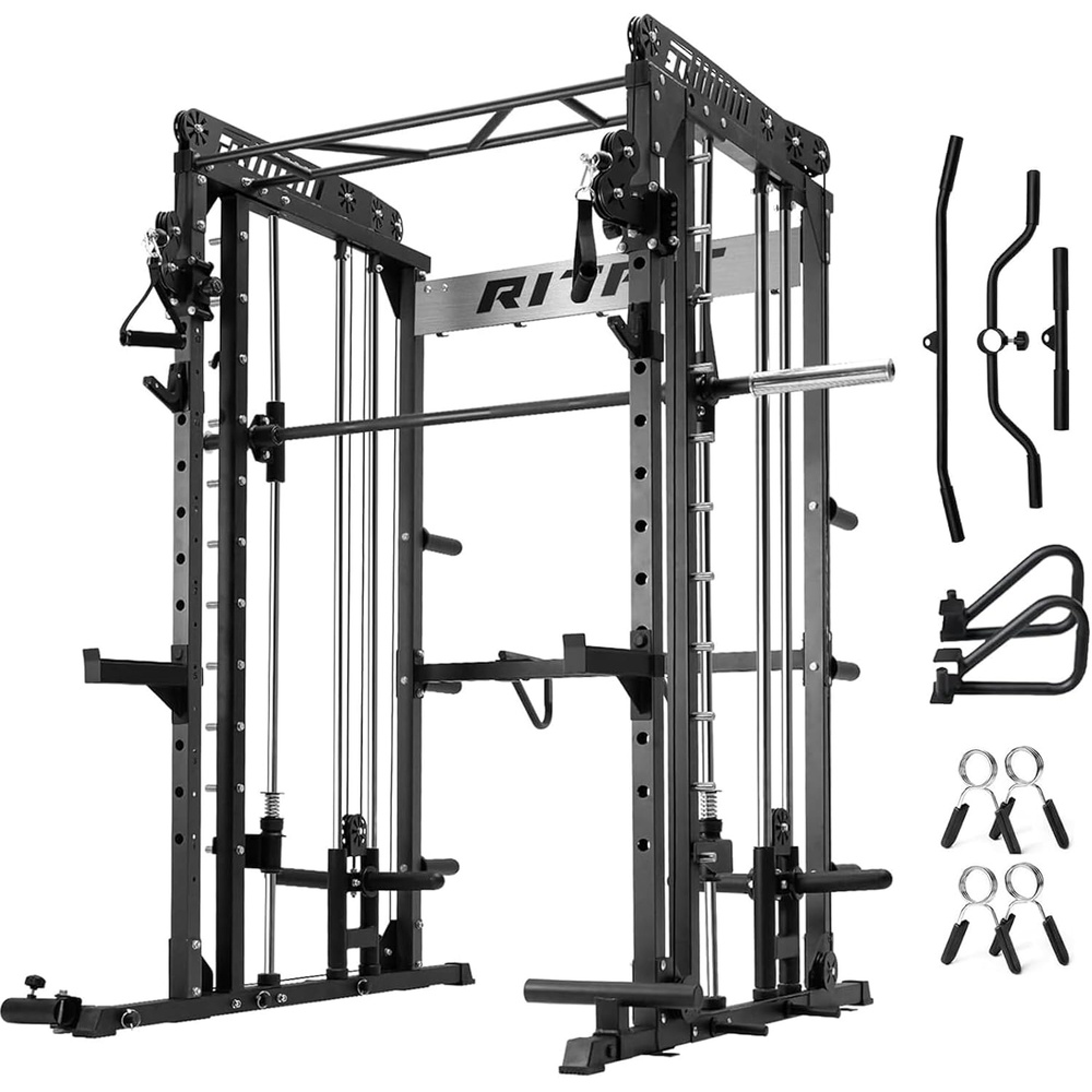 image:imageRitFit M1 Pro Smith Machine with Cable Crossover System MultiFunction Squat Rack Power Cage for Home Gym Power Rack and PackagesBLACK