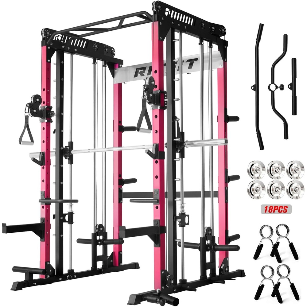image:imageRitFit M1 Pro Smith Machine with Cable Crossover System MultiFunction Squat Rack Power Cage for Home Gym Power Rack and PackagesPINK