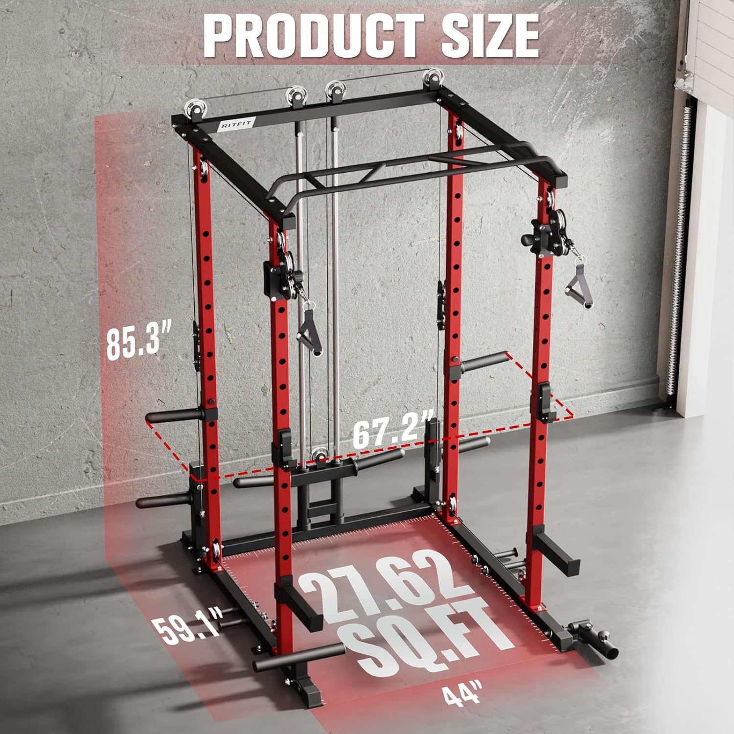 image:imageRitFit PPCP3 Power Cage with Cable Crossover System 1200LB Capacity LAT Pulldown amp Cable Crossover System with Bumper Plate Set Olympic Barbell BenchRed