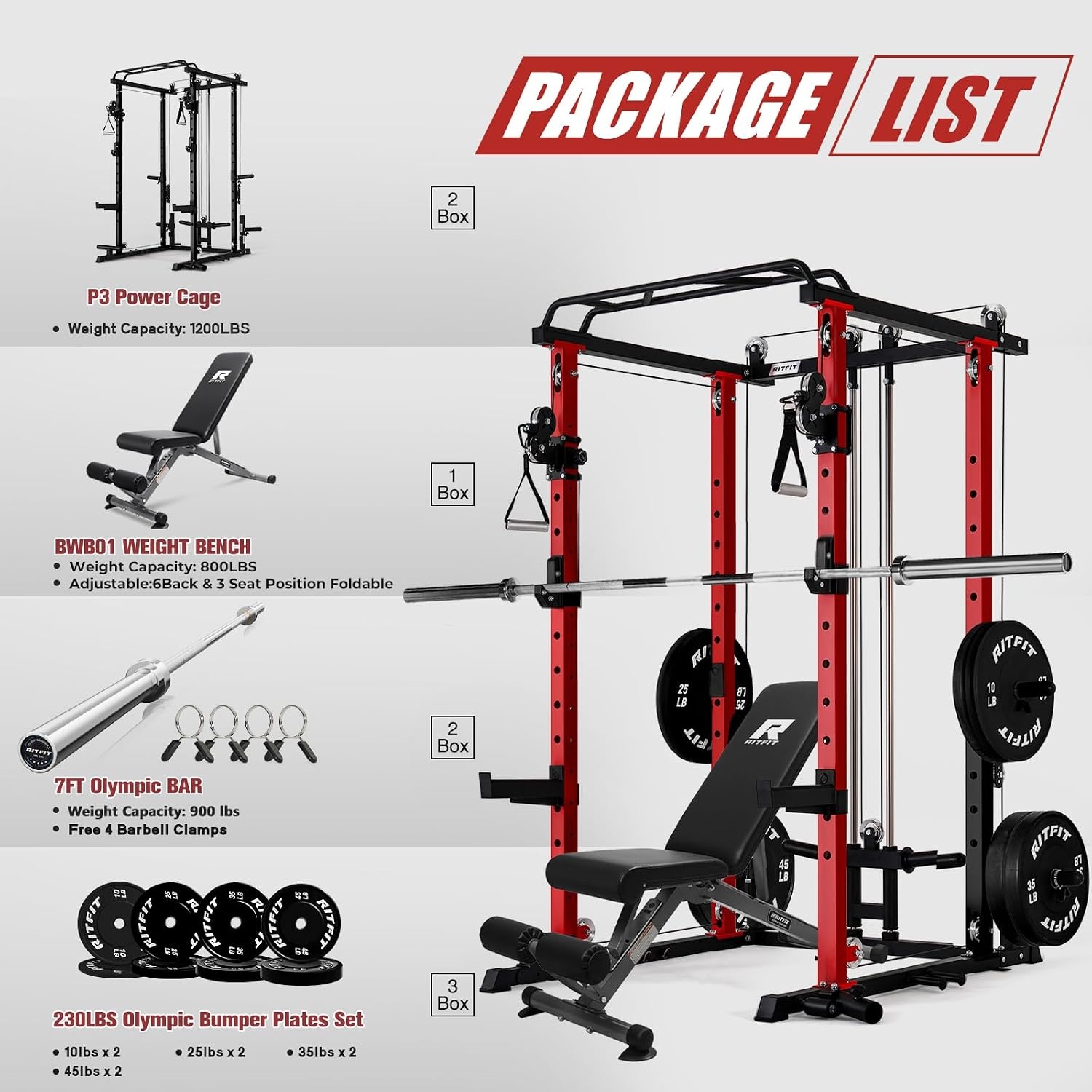 image:imageRitFit PPCP3 Power Cage with Cable Crossover System 1200LB Capacity LAT Pulldown amp Cable Crossover System with Bumper Plate Set Olympic Barbell BenchRed