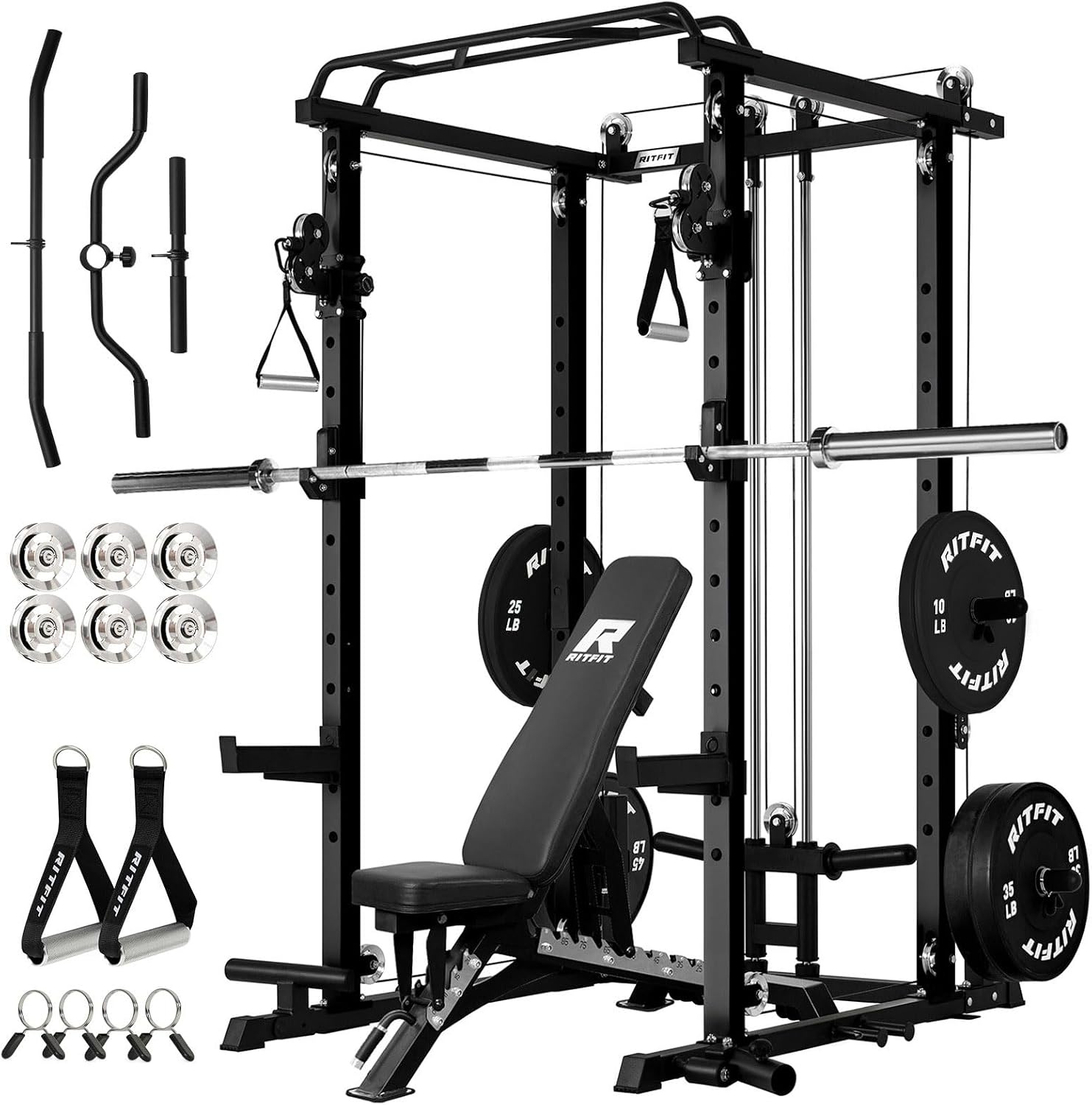 image:imageRitFit PPCP3 Power Cage with Cable Crossover System 1200LB Capacity LAT Pulldown amp Cable Crossover System with Bumper Plate Set Olympic Barbell BenchBlack