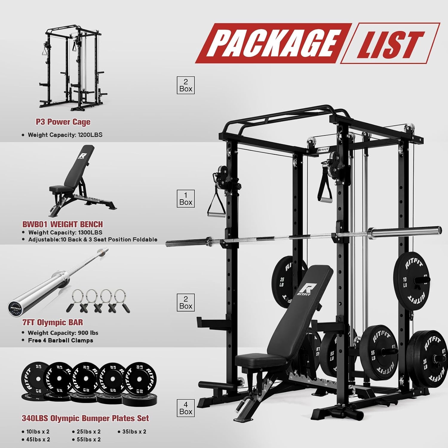 image:imageRitFit PPCP3 Power Cage with Cable Crossover System 1200LB Capacity LAT Pulldown amp Cable Crossover System with Bumper Plate Set Olympic Barbell BenchBlack