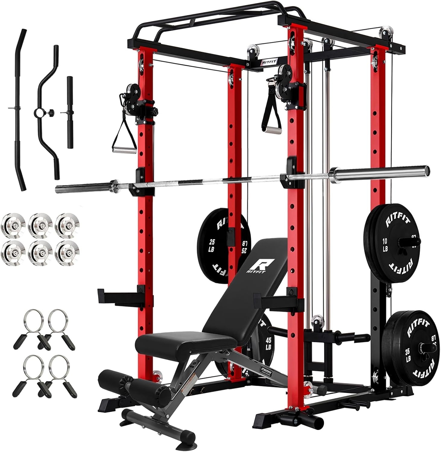 image:imageRitFit PPCP3 Power Cage with Cable Crossover System 1200LB Capacity LAT Pulldown amp Cable Crossover System with Bumper Plate Set Olympic Barbell BenchRed