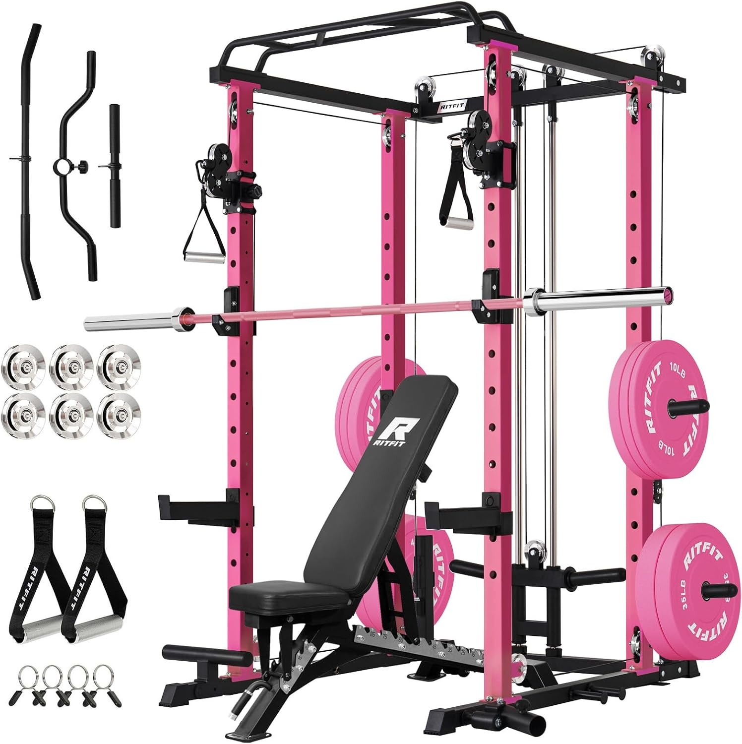 image:imageRitFit PPCP3 Power Cage with Cable Crossover System 1200LB Capacity LAT Pulldown amp Cable Crossover System with Bumper Plate Set Olympic Barbell BenchPink