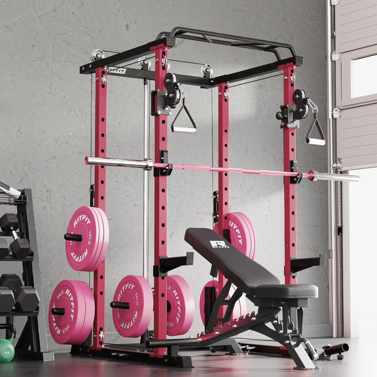 image:imageRitFit PPCP3 Power Cage with Cable Crossover System 1200LB Capacity LAT Pulldown amp Cable Crossover System with Bumper Plate Set Olympic Barbell BenchPink