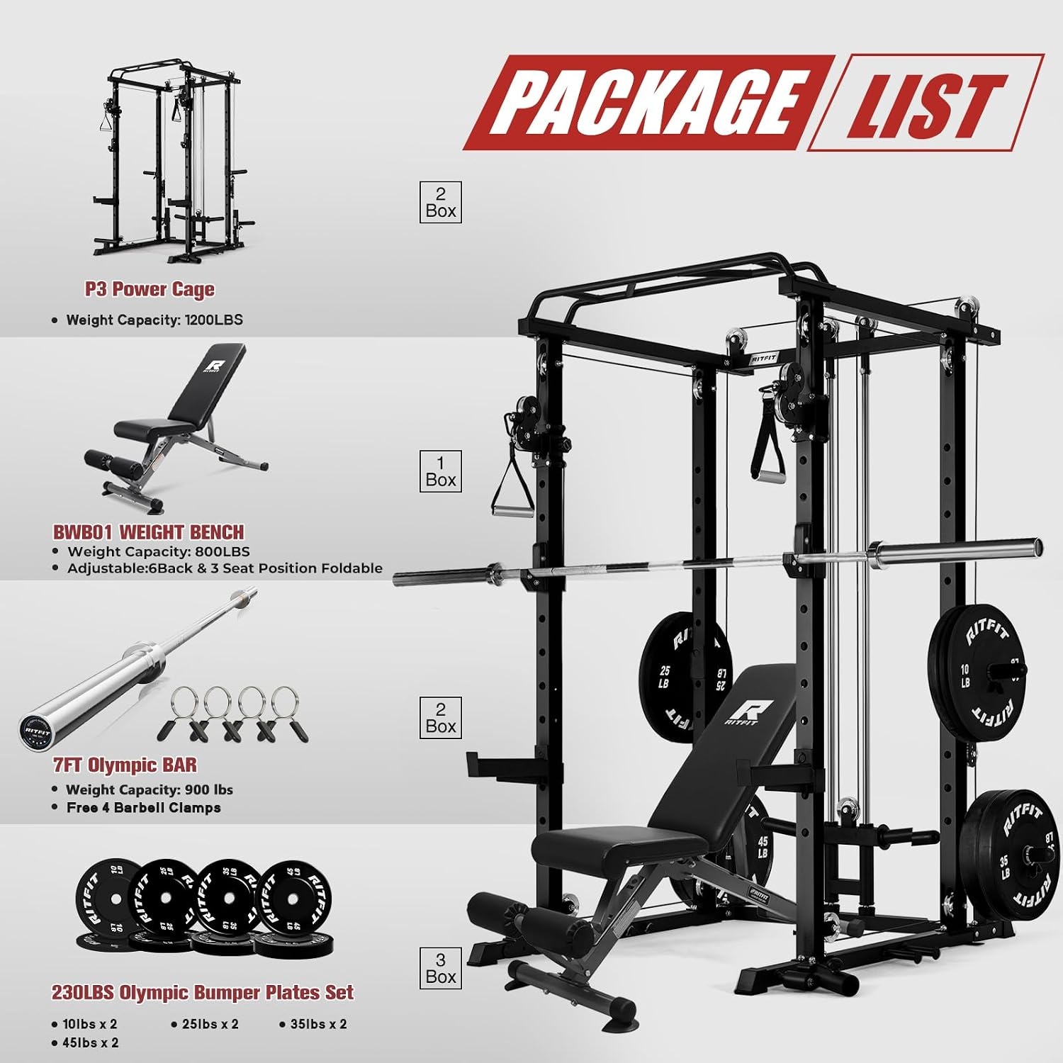 image:imageRitFit PPCP3 Power Cage with Cable Crossover System 1200LB Capacity LAT Pulldown amp Cable Crossover System with Bumper Plate Set Olympic Barbell BenchBlack