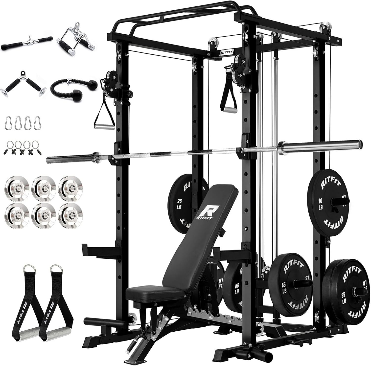 image:imageRitFit PPCP3 Power Cage with Cable Crossover System 1200LB Capacity LAT Pulldown amp Cable Crossover System with Bumper Plate Set Olympic Barbell BenchBlack