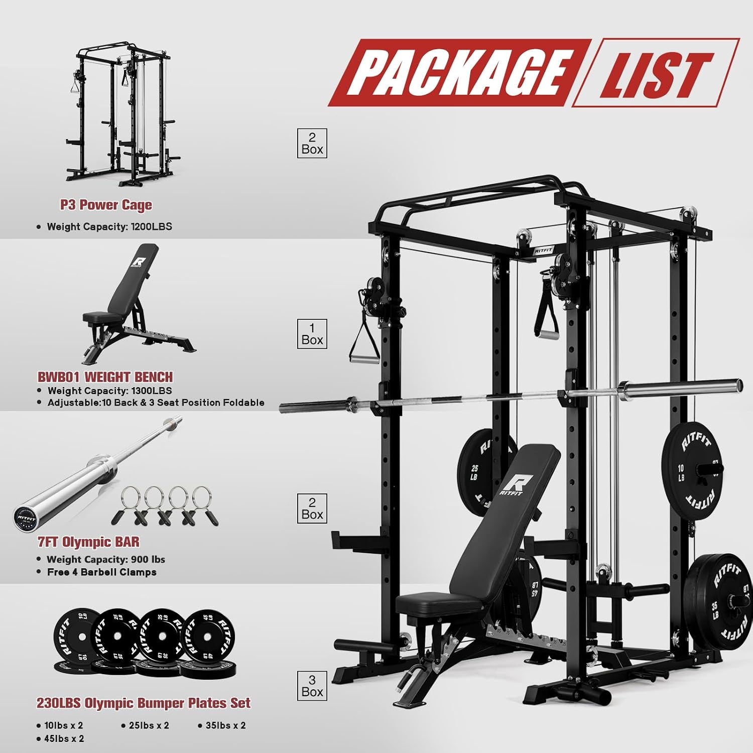 image:imageRitFit PPCP3 Power Cage with Cable Crossover System 1200LB Capacity LAT Pulldown amp Cable Crossover System with Bumper Plate Set Olympic Barbell BenchBlack