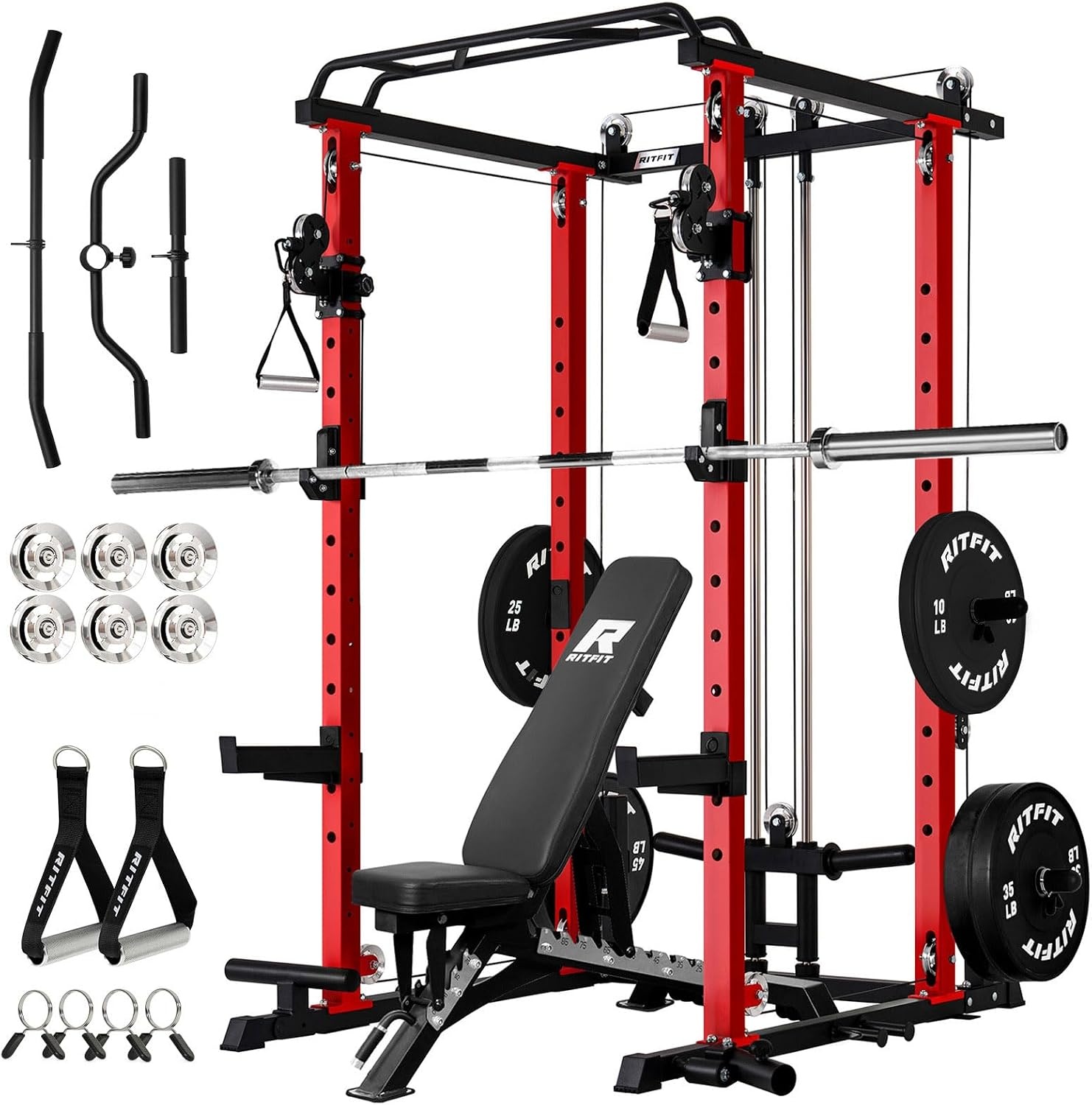 image:imageRitFit PPCP3 Power Cage with Cable Crossover System 1200LB Capacity LAT Pulldown amp Cable Crossover System with Bumper Plate Set Olympic Barbell BenchRed