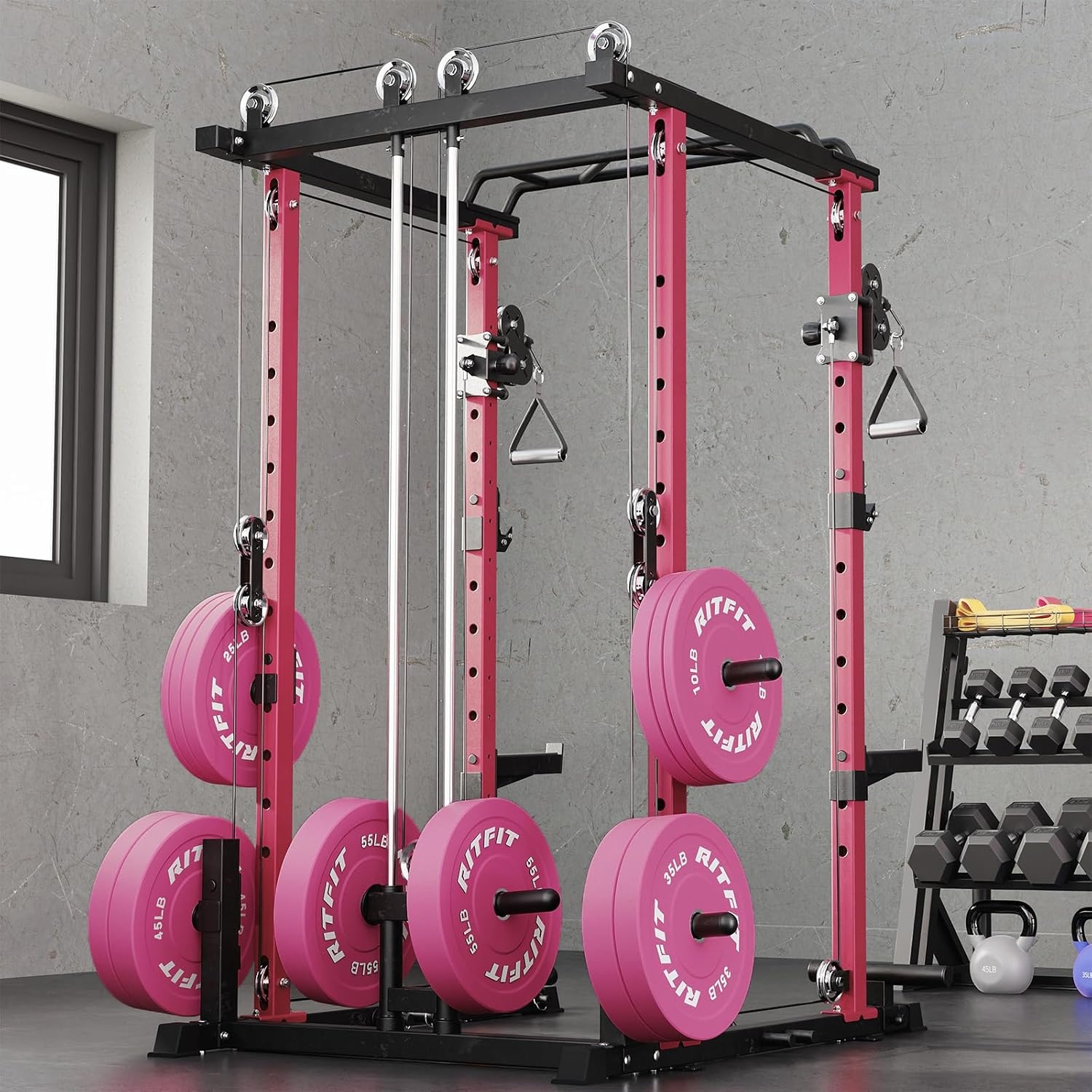 image:imageRitFit PPCP3 Power Cage with Cable Crossover System 1200LB Capacity LAT Pulldown amp Cable Crossover System with Bumper Plate Set Olympic Barbell BenchPink