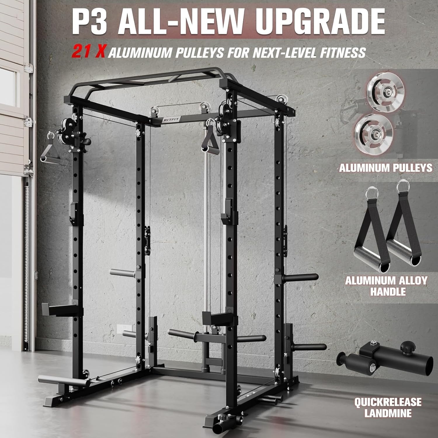 image:imageRitFit PPCP3 Power Cage with Cable Crossover System 1200LB Capacity LAT Pulldown amp Cable Crossover System with Bumper Plate Set Olympic Barbell BenchBlack