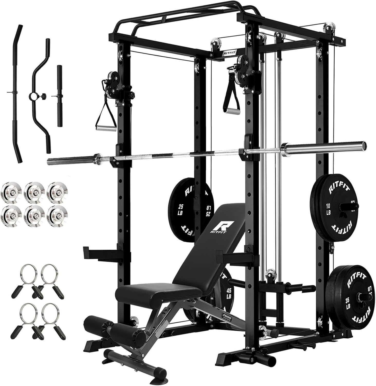image:imageRitFit PPCP3 Power Cage with Cable Crossover System 1200LB Capacity LAT Pulldown amp Cable Crossover System with Bumper Plate Set Olympic Barbell BenchBlack