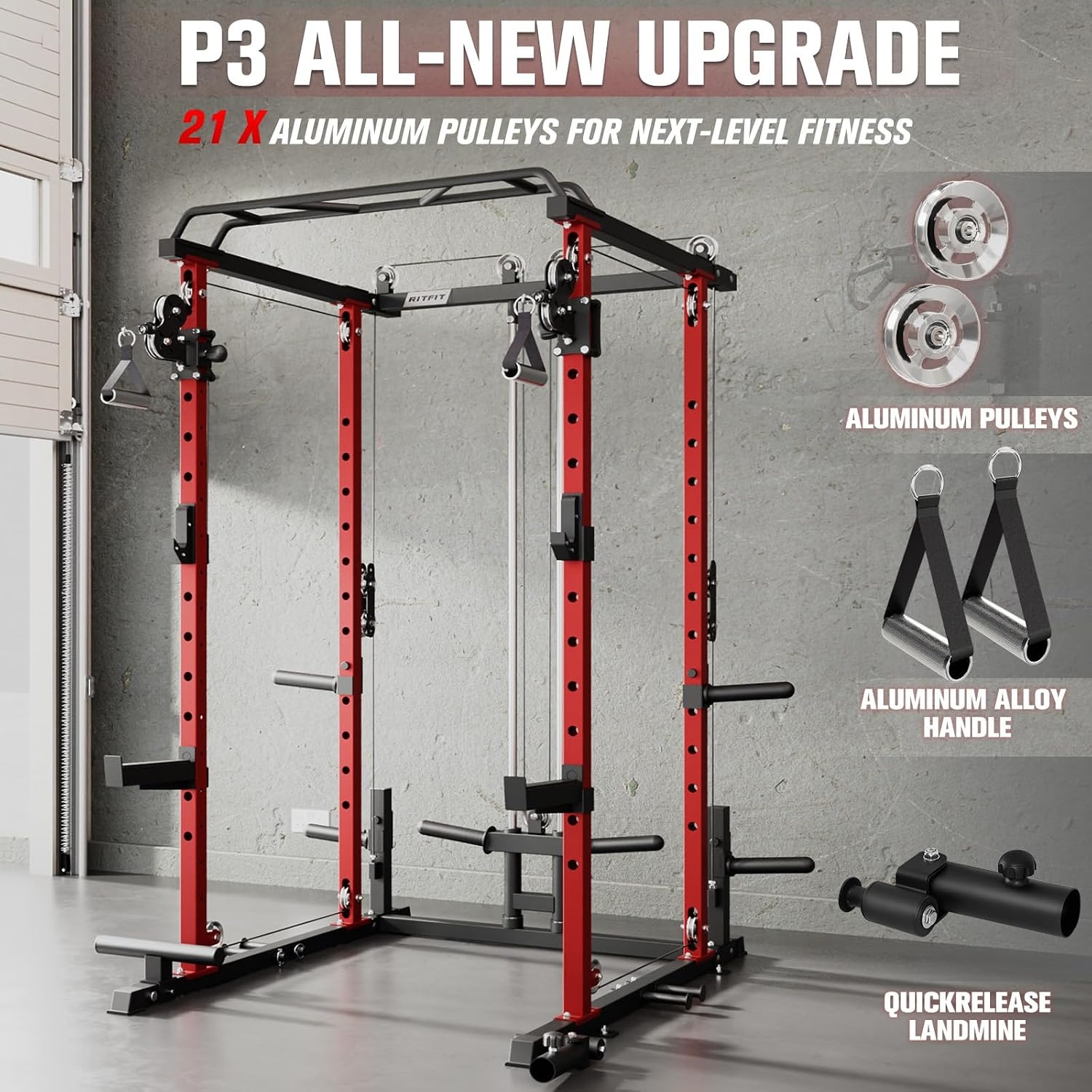 image:imageRitFit PPCP3 Power Cage with Cable Crossover System 1200LB Capacity LAT Pulldown amp Cable Crossover System with Bumper Plate Set Olympic Barbell BenchRed