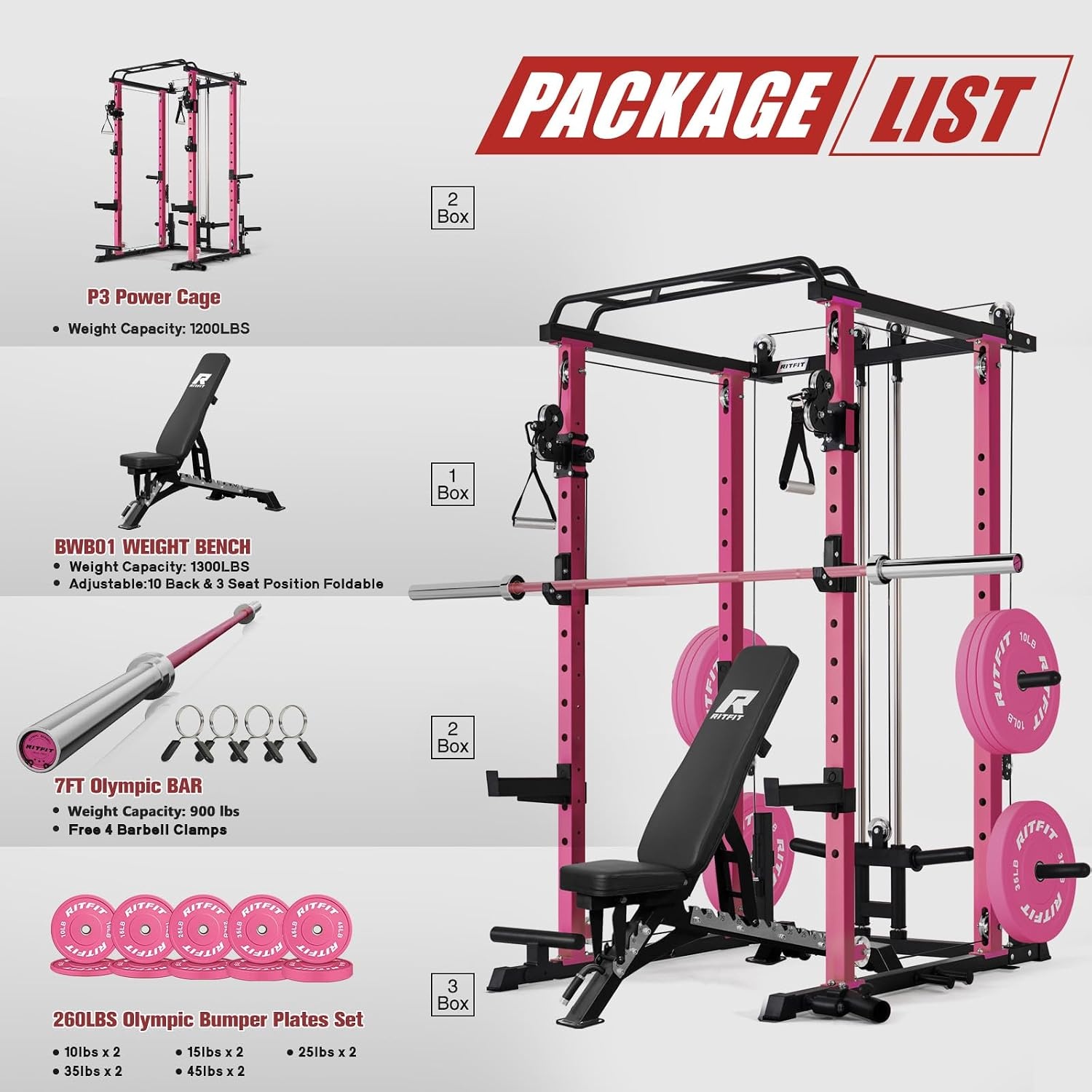 image:imageRitFit PPCP3 Power Cage with Cable Crossover System 1200LB Capacity LAT Pulldown amp Cable Crossover System with Bumper Plate Set Olympic Barbell BenchPink